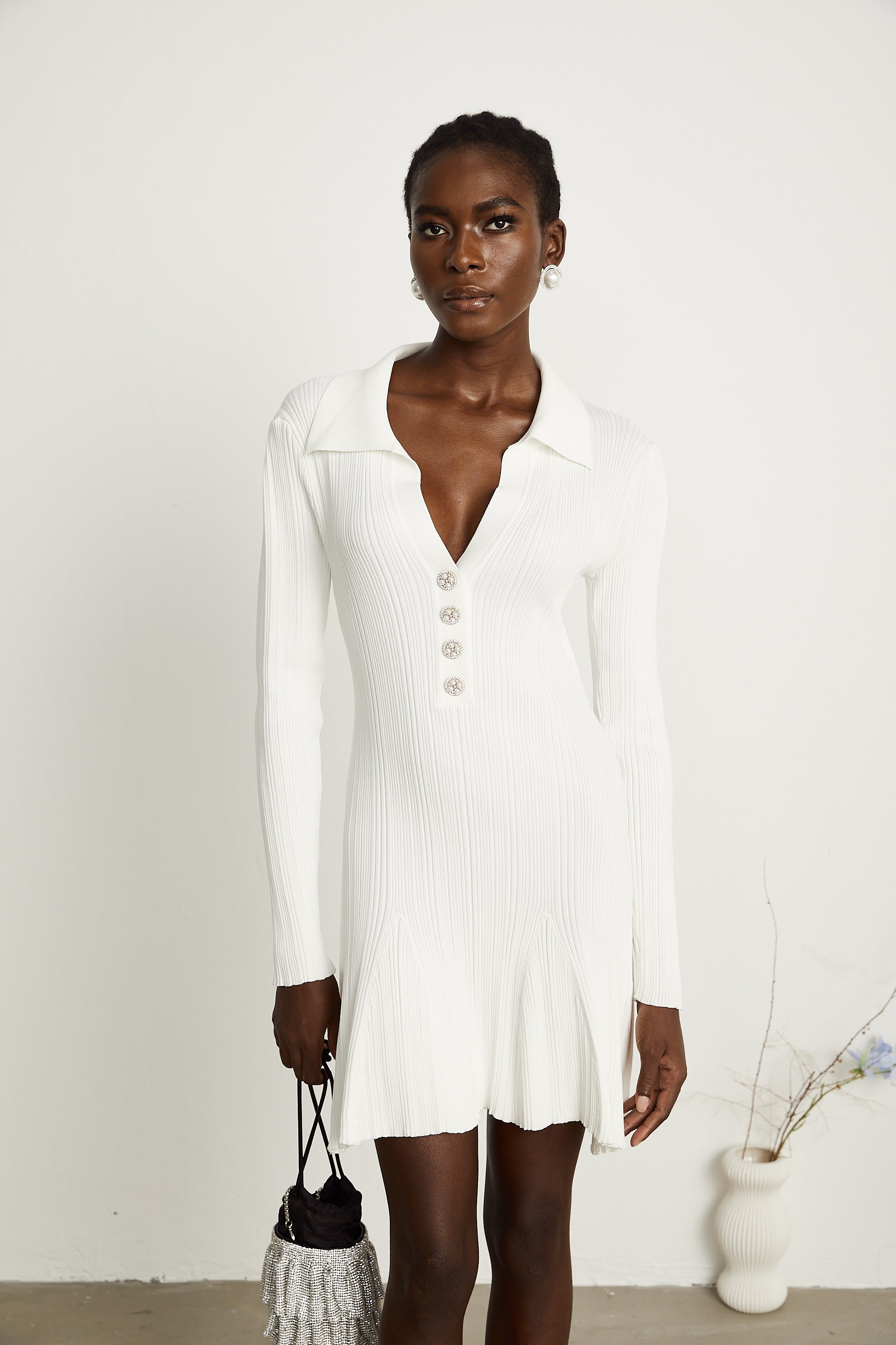 Véronique white ruffle knit mini dress