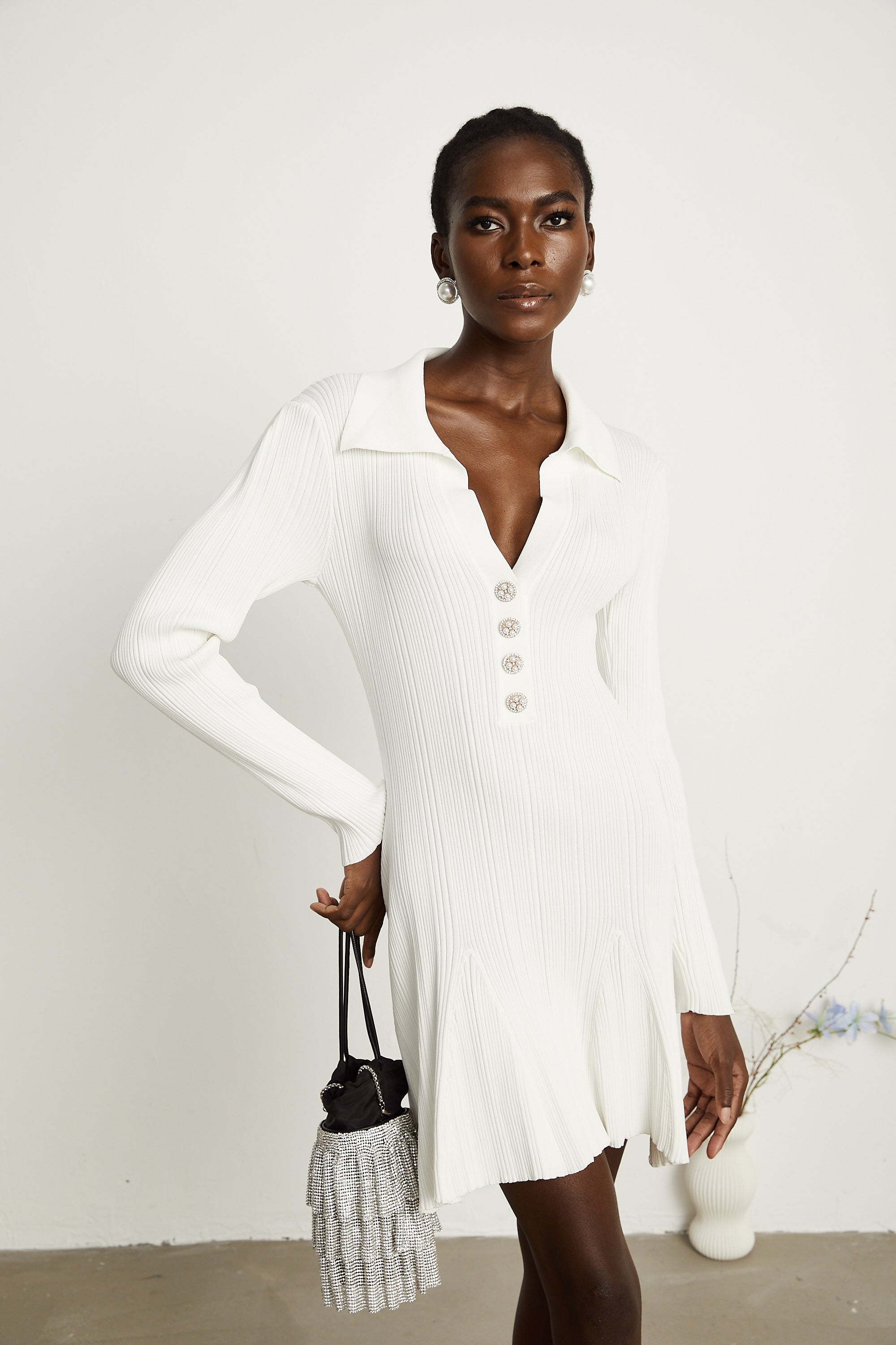 Véronique white ruffle knit mini dress