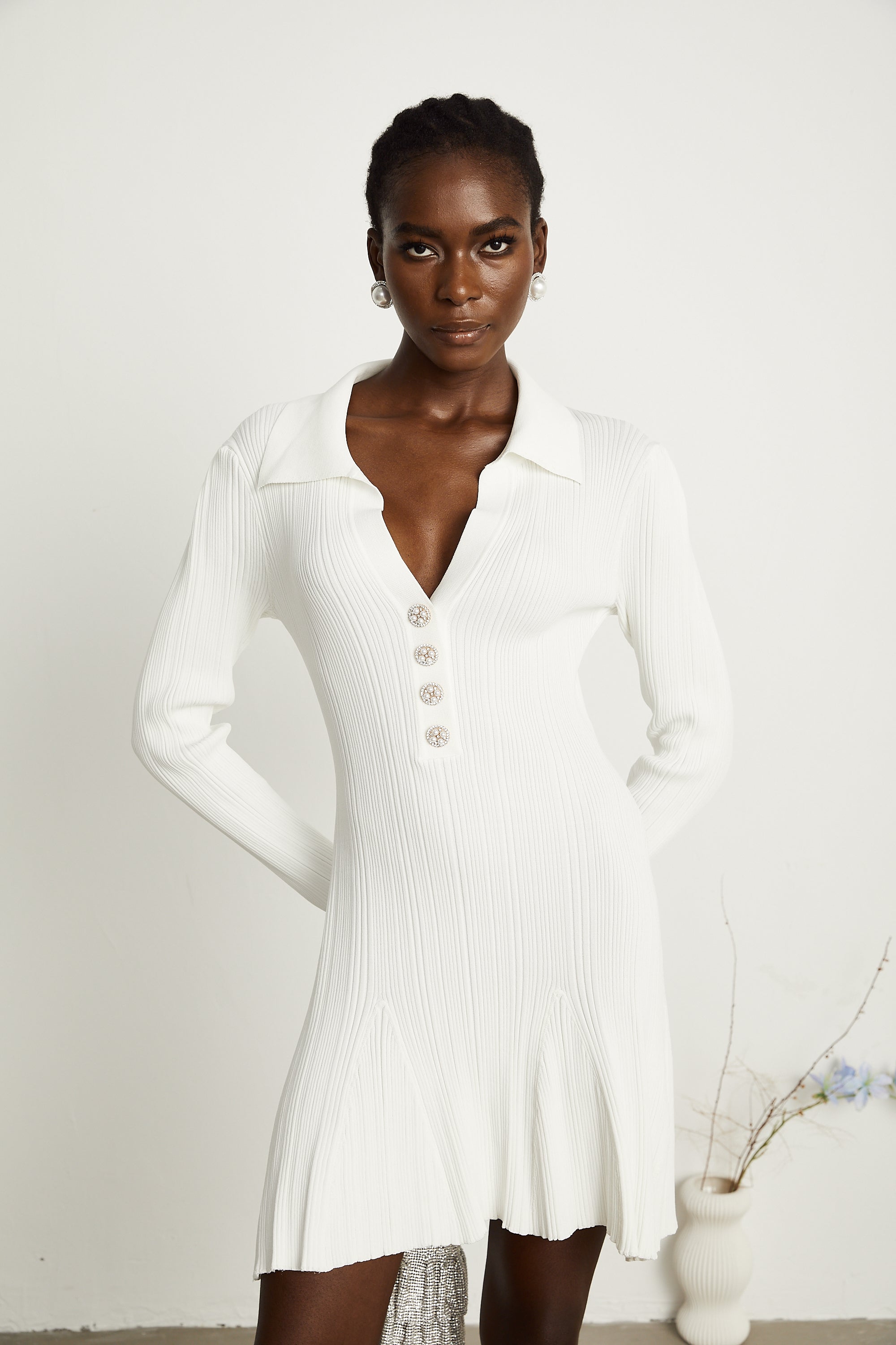 Véronique white ruffle knit mini dress