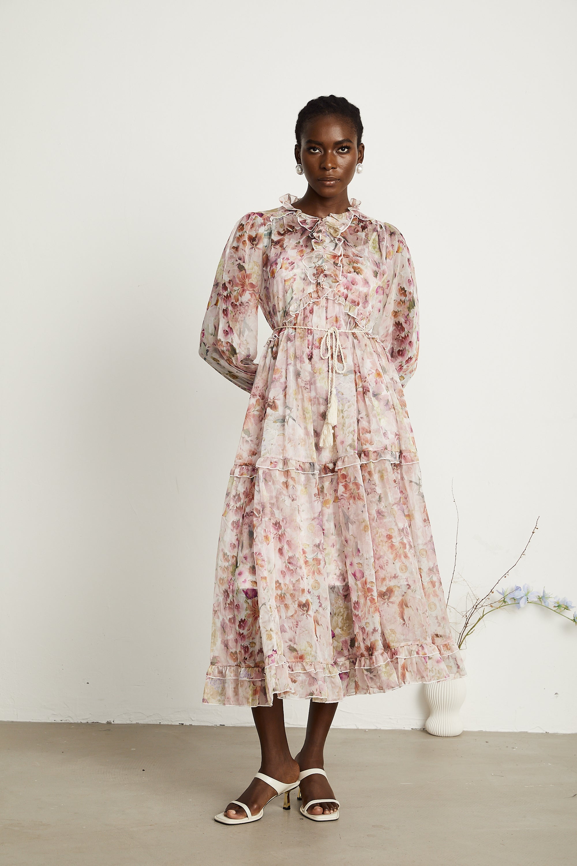 Waltraut pink floral-print frilled maxi dress