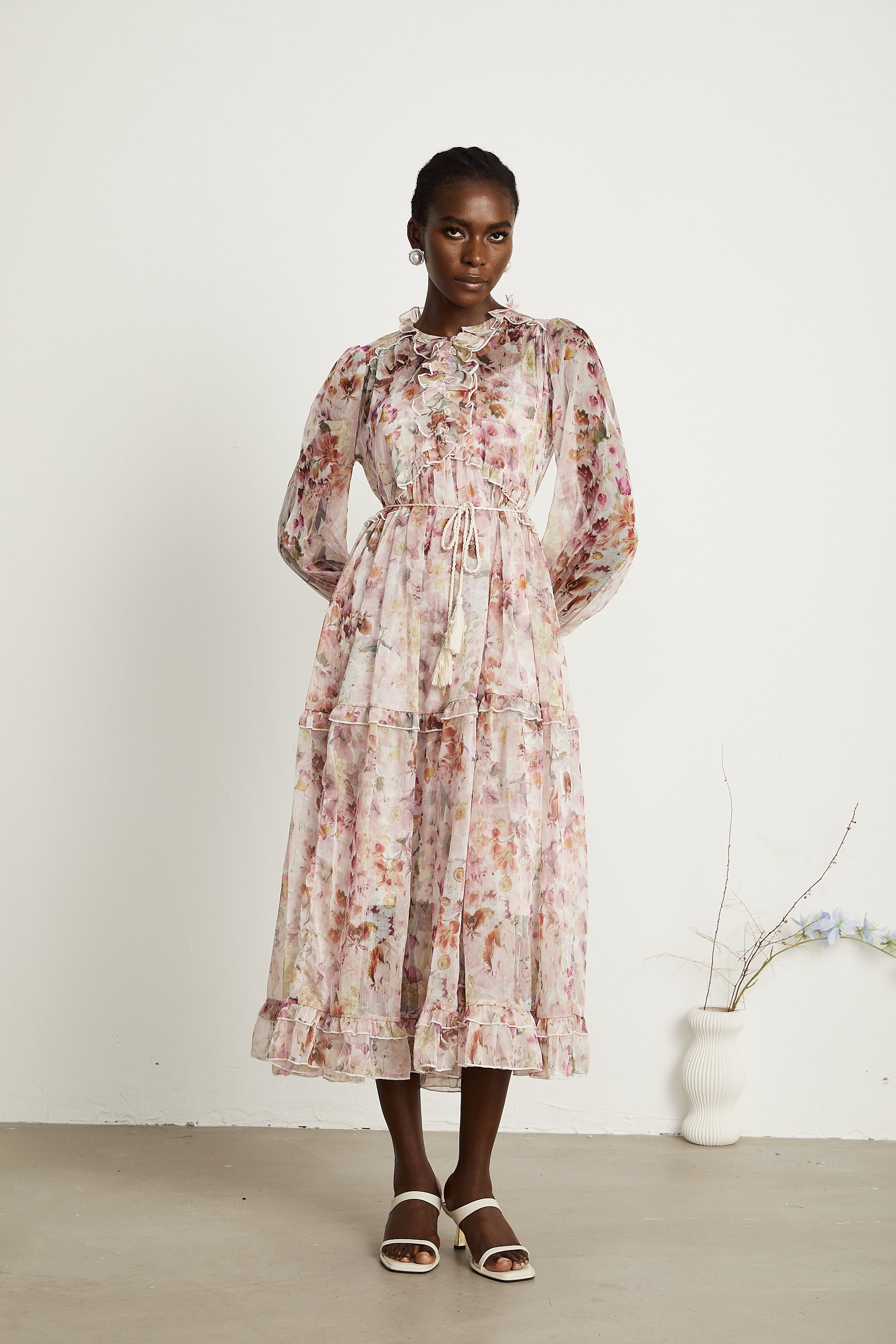 Waltraut pink floral-print frilled maxi dress