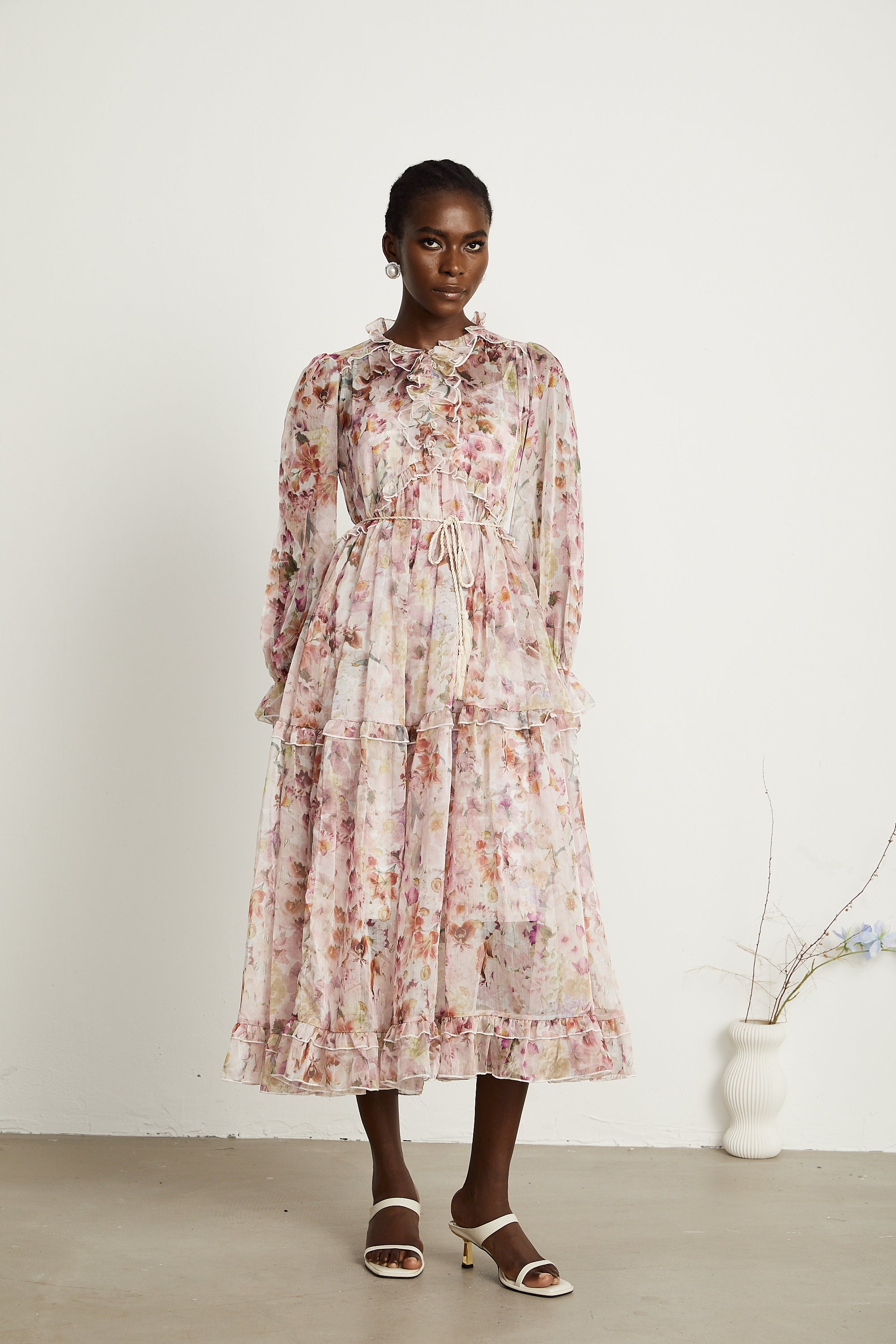 Waltraut pink floral-print frilled maxi dress