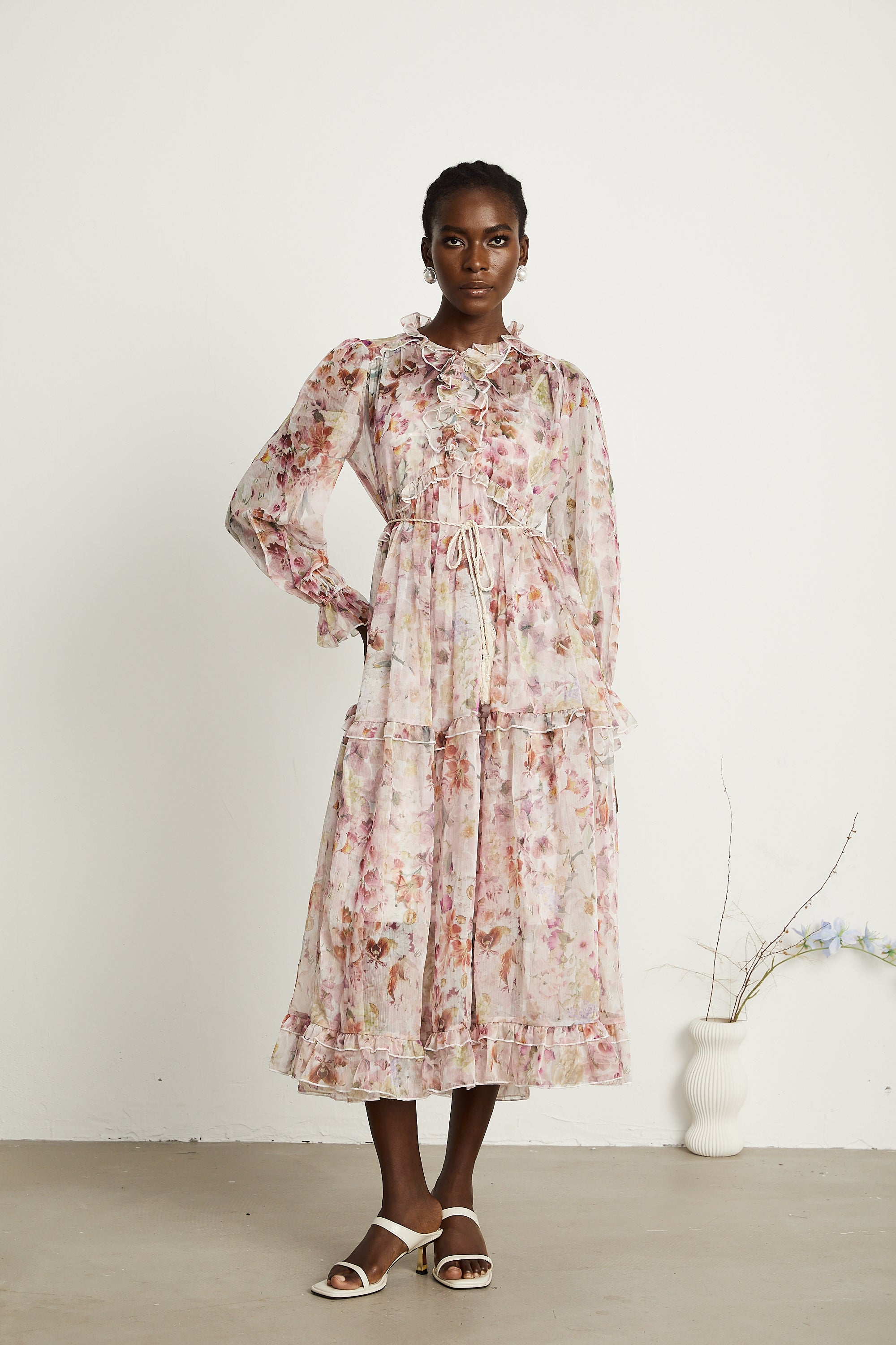 Waltraut pink floral-print frilled maxi dress