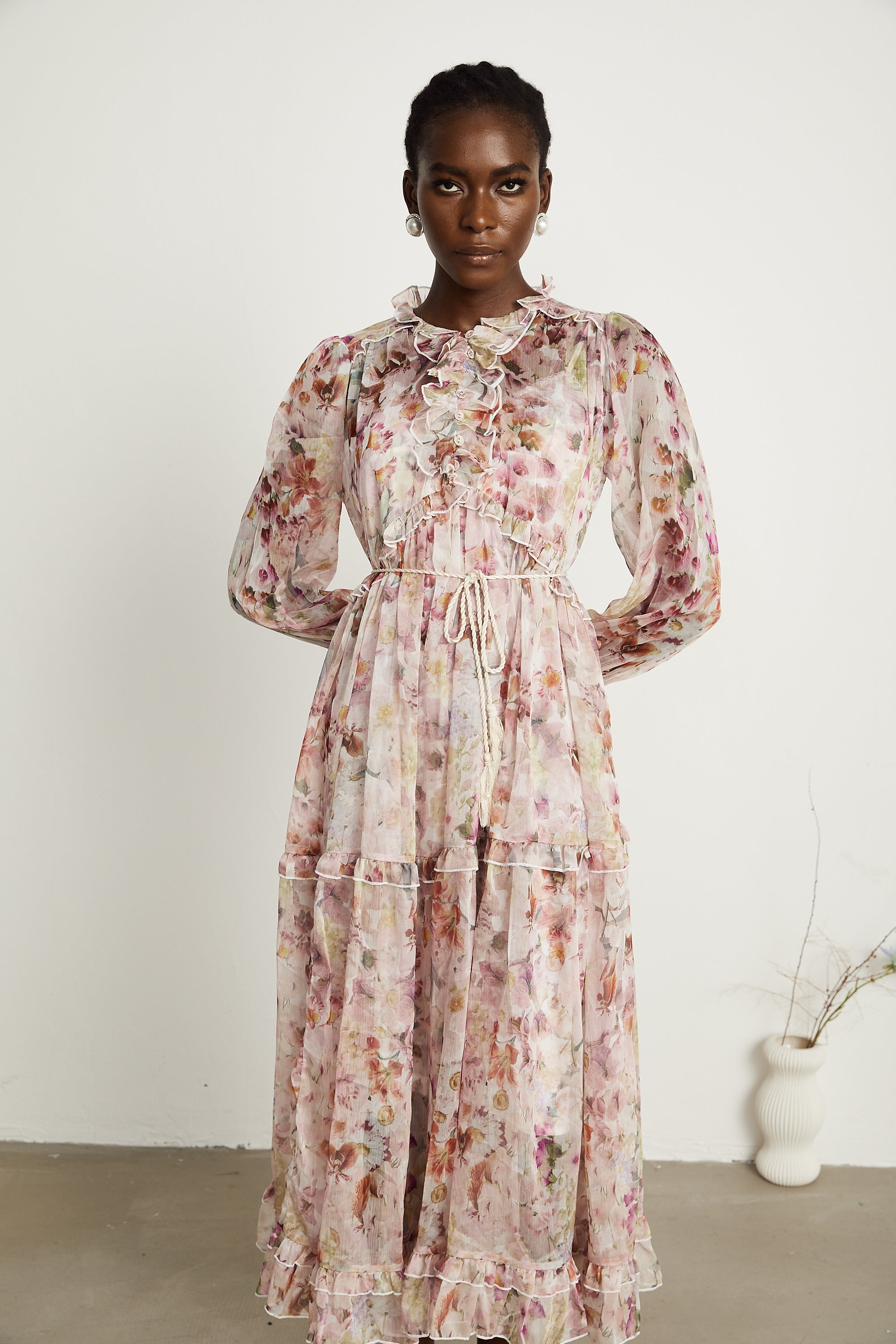 Waltraut pink floral-print frilled maxi dress