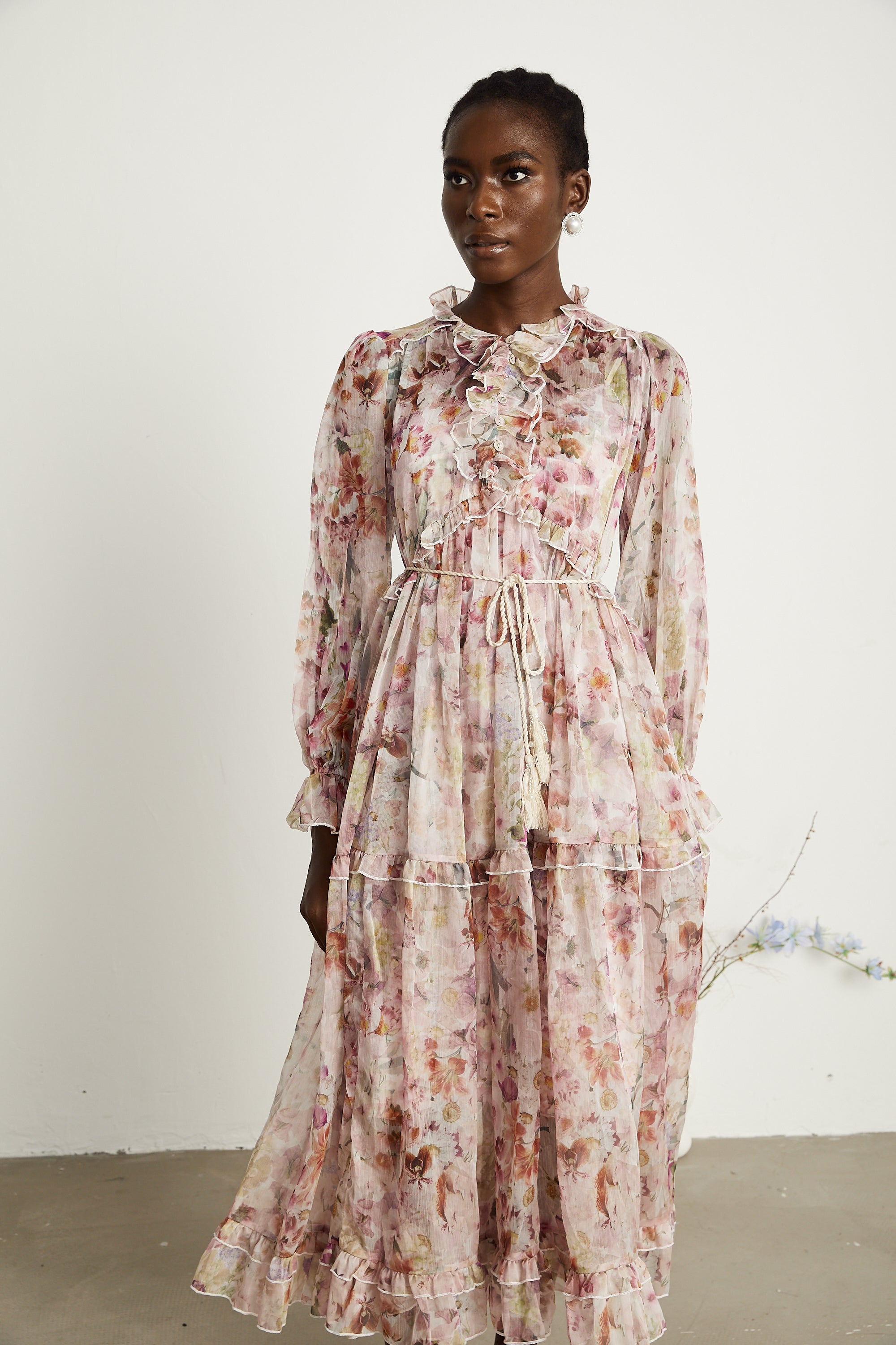 Waltraut pink floral-print frilled maxi dress