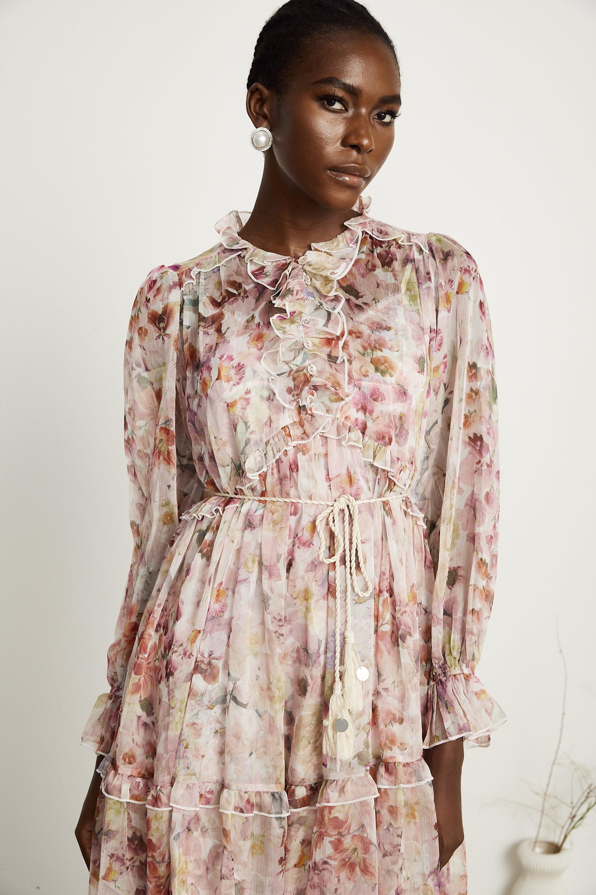 Waltraut pink floral-print frilled maxi dress