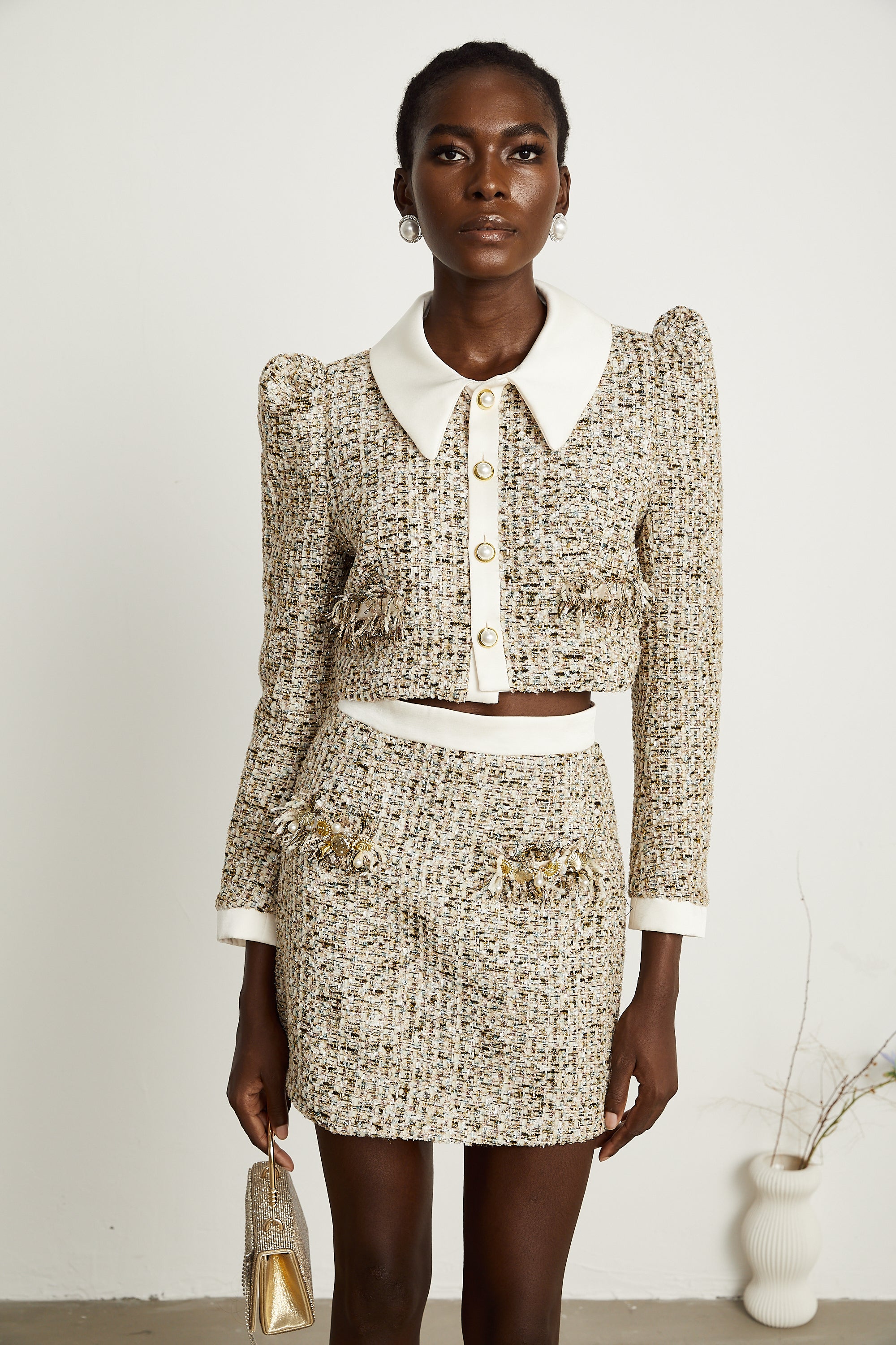 Clotilde metallic fringe tweed jacket & skirt matching set