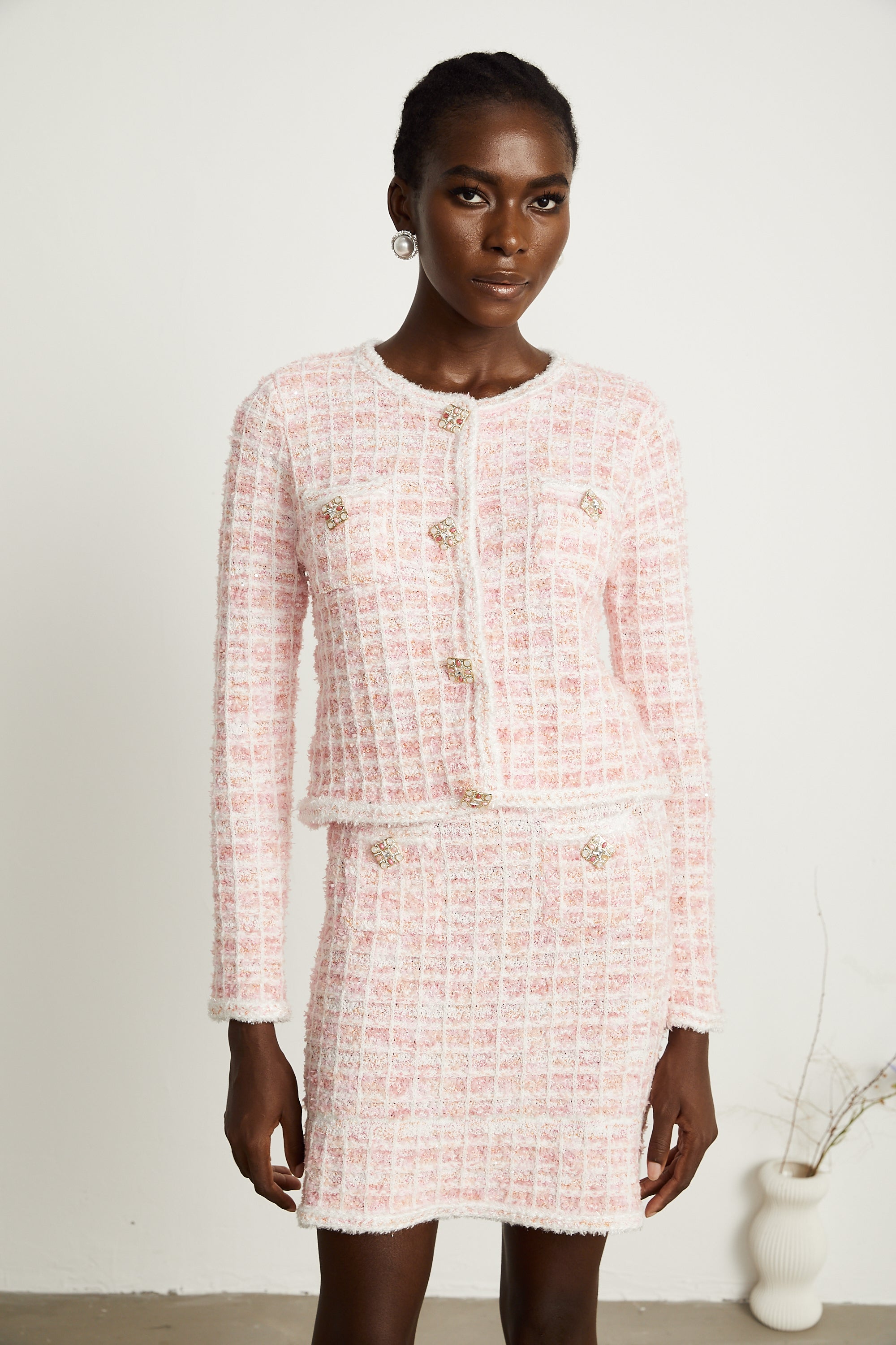 Capucine pink check-pattern cardigan & skirt matching set