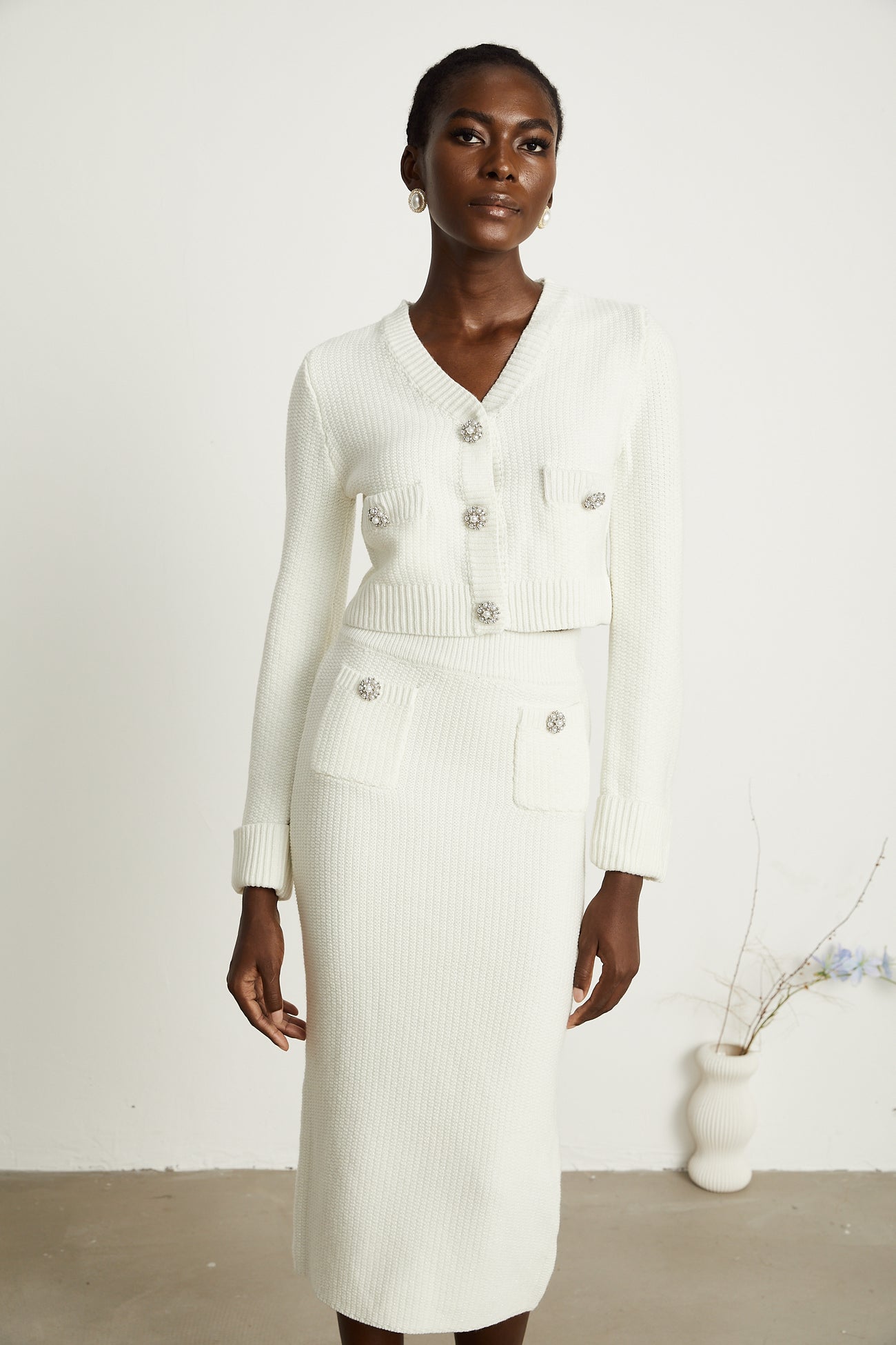 Karine white fringed jacket & skirt matching set