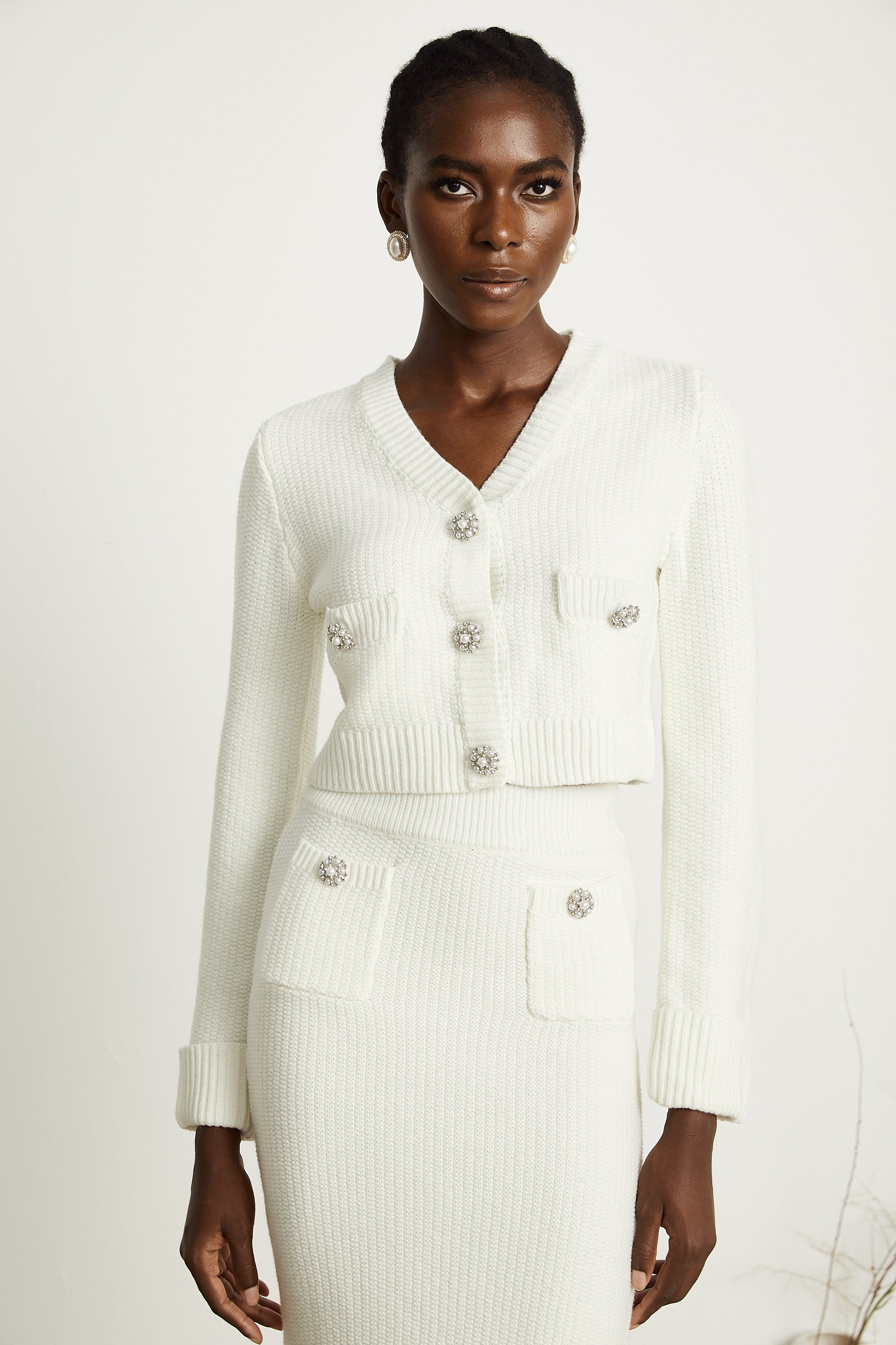 Clarisse white knitted cardigan & skirt matching set