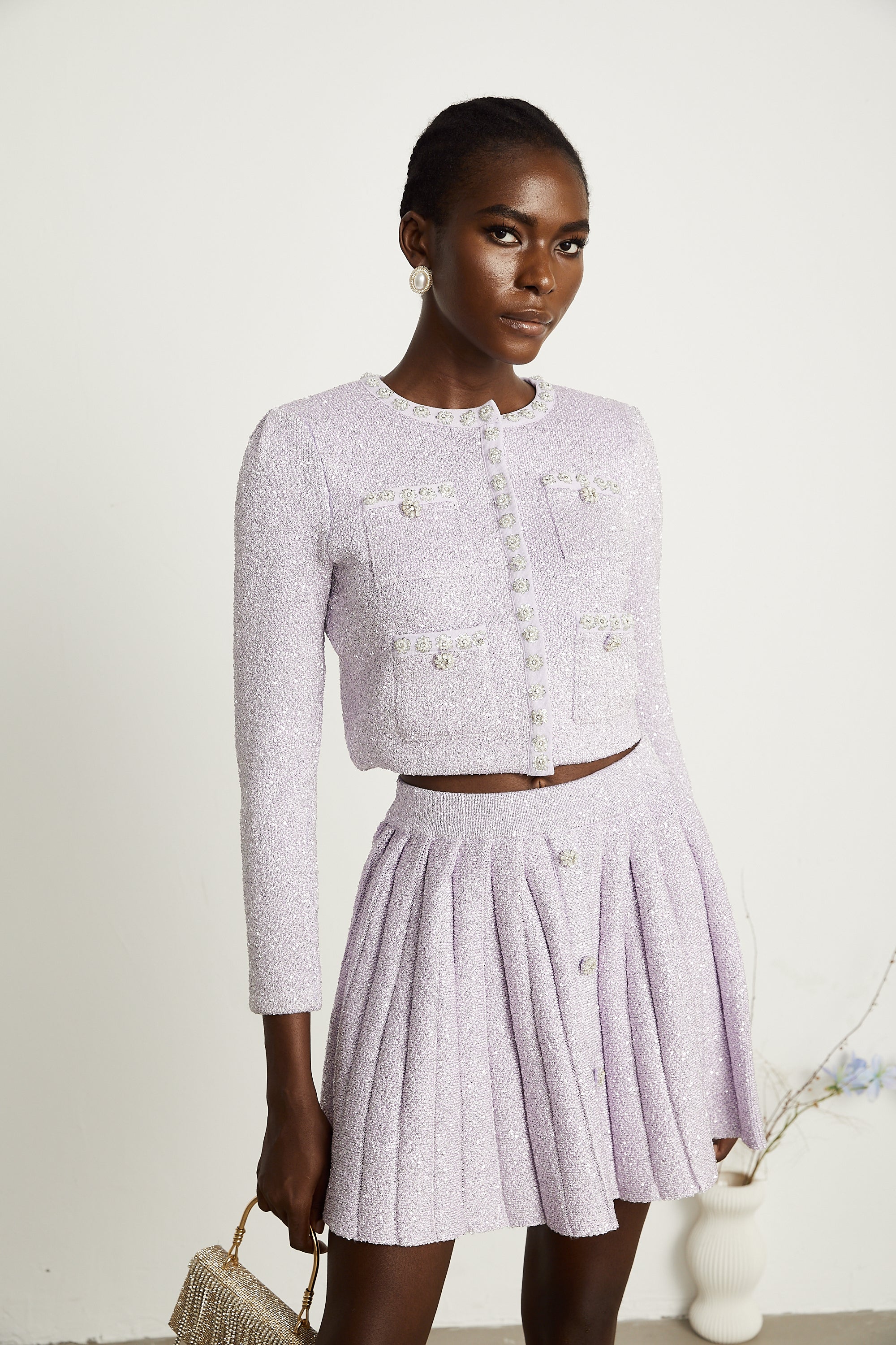 Fabienne purple sequin-detail jacket & skirt matching set