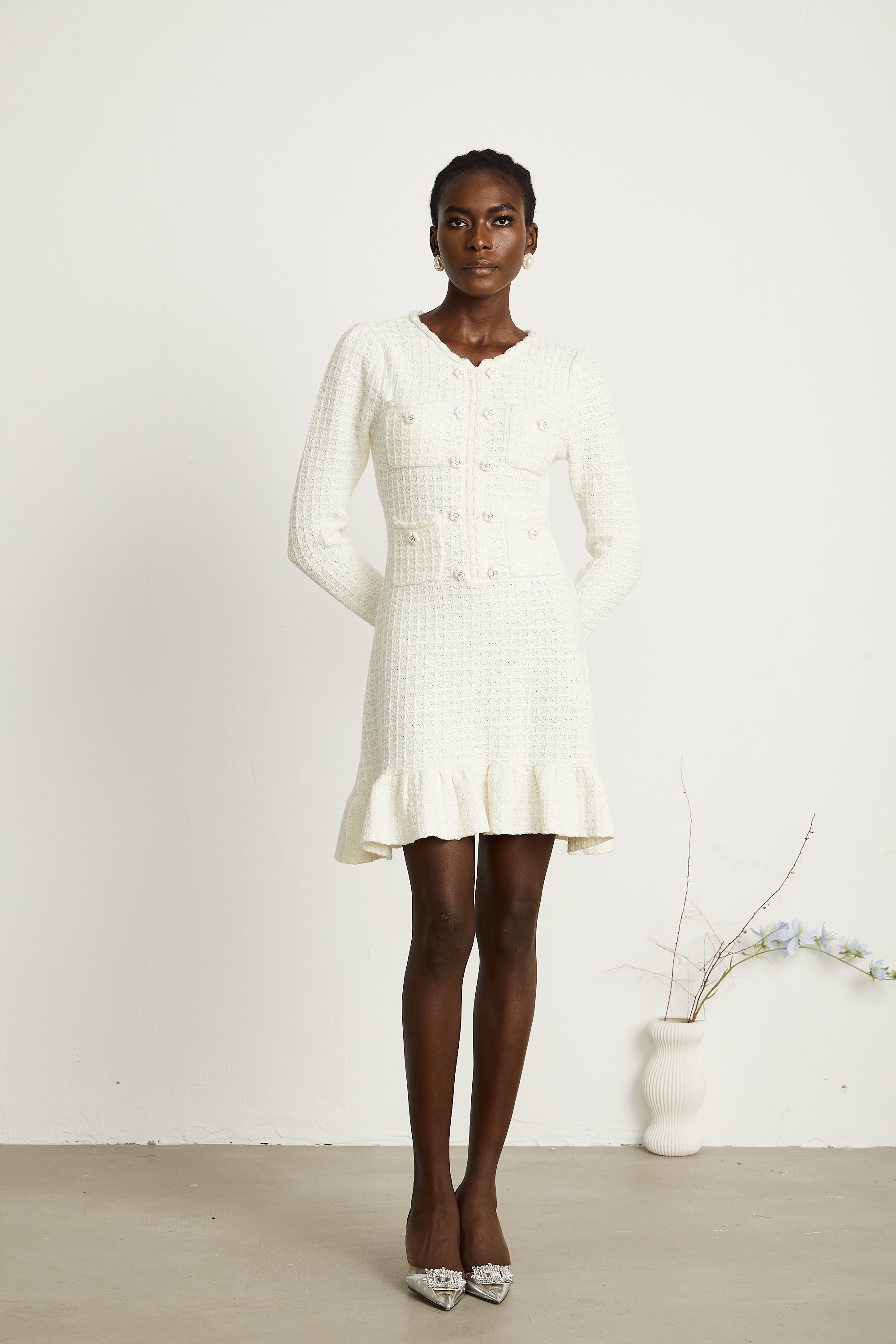 Aliénor white flared knitted mini dress