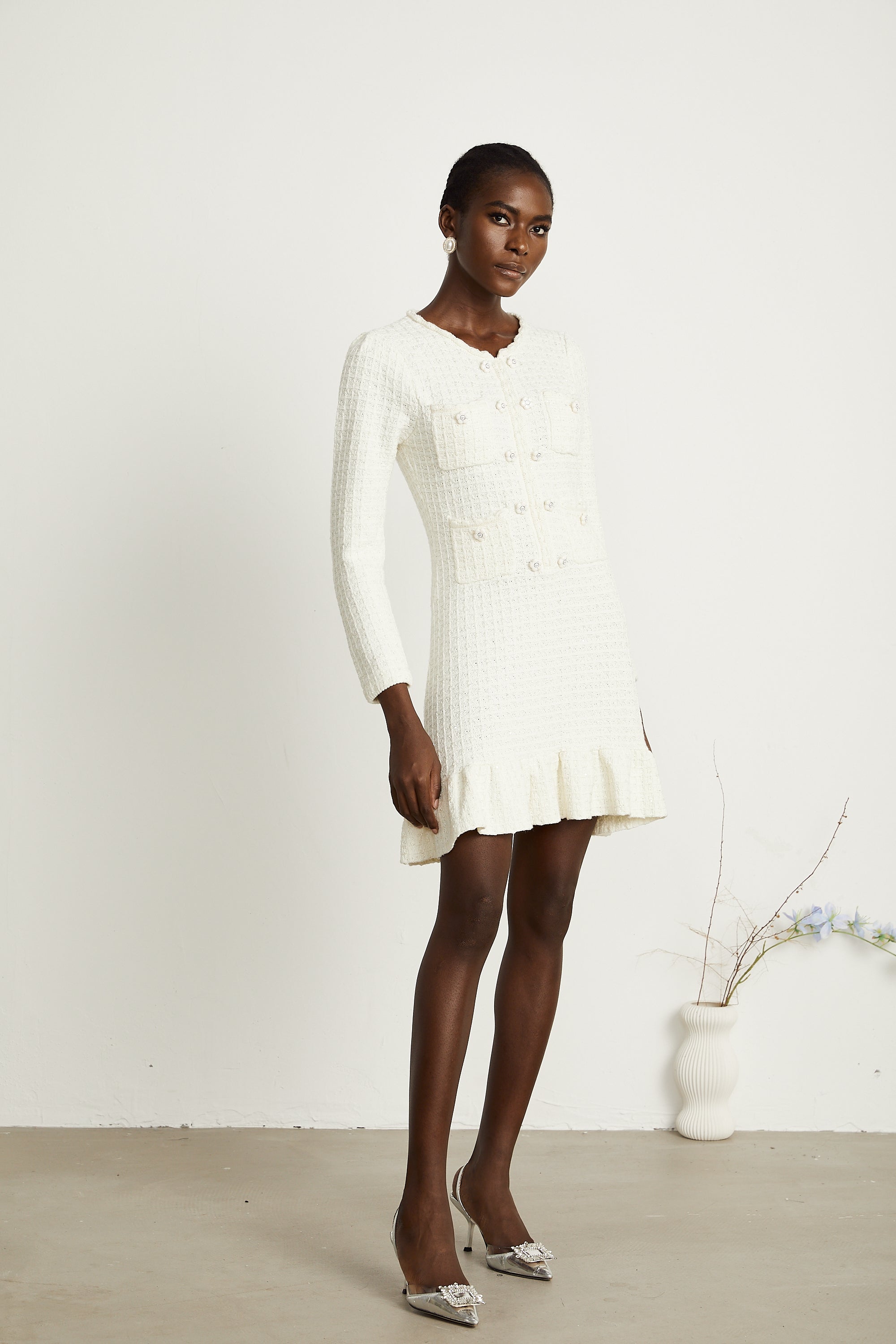 Aliénor white flared knitted mini dress