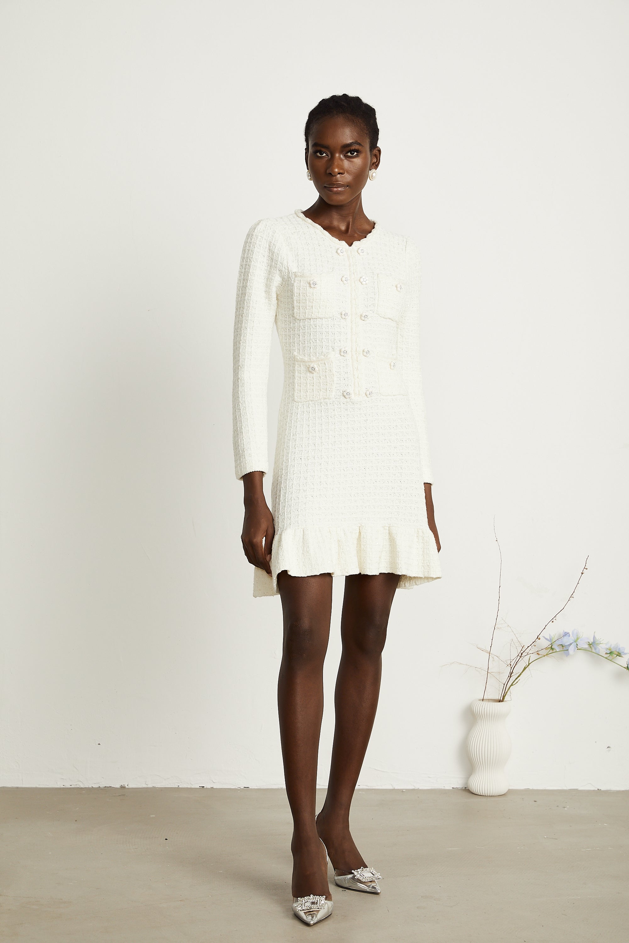 Aliénor white flared knitted mini dress