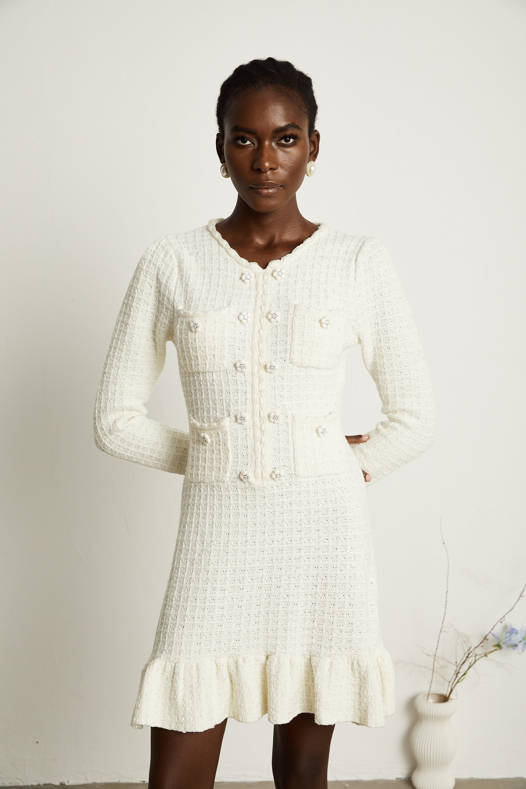 Aliénor white flared knitted mini dress