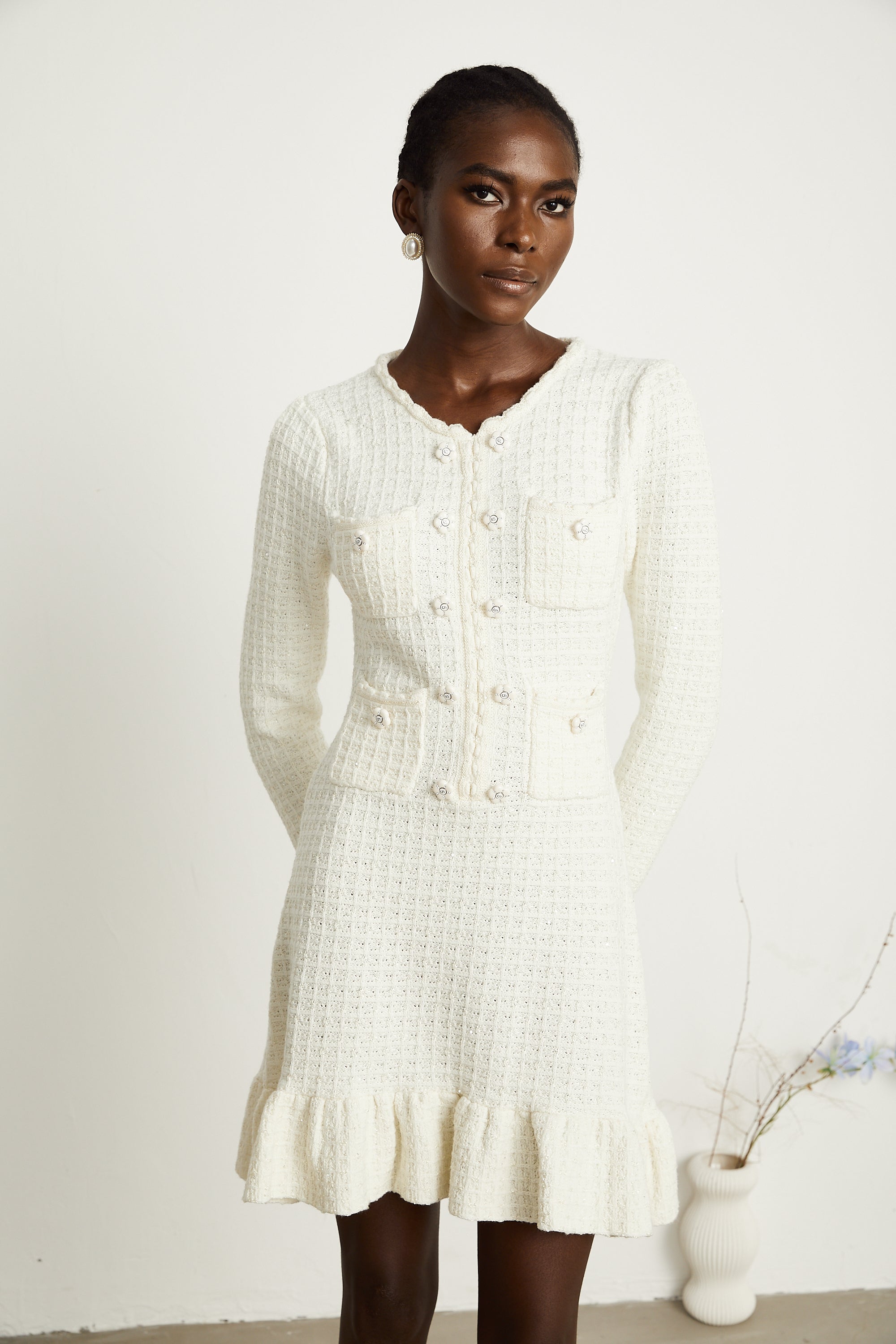 Aliénor white flared knitted mini dress