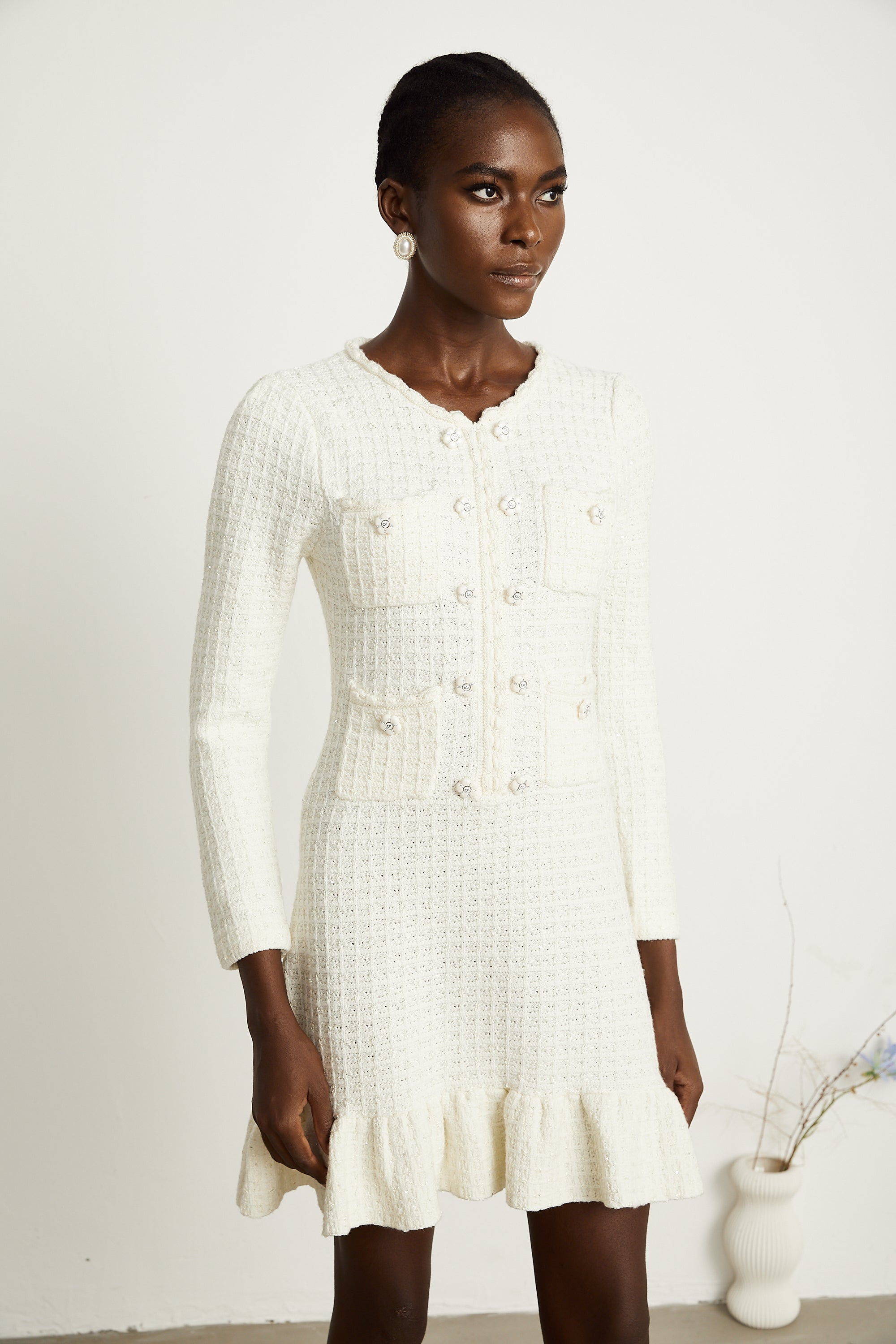 Aliénor white flared knitted mini dress