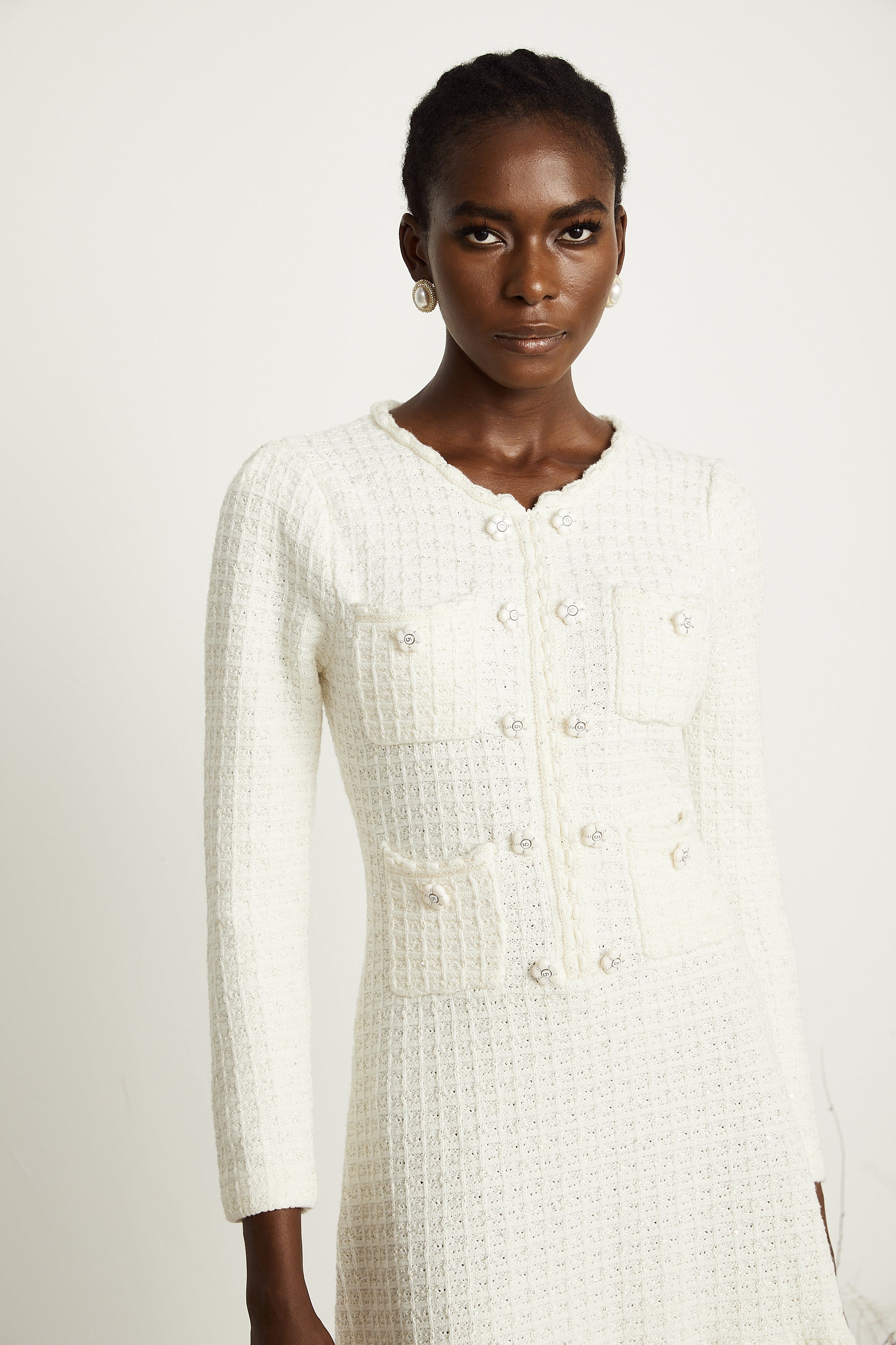 Aliénor white flared knitted mini dress