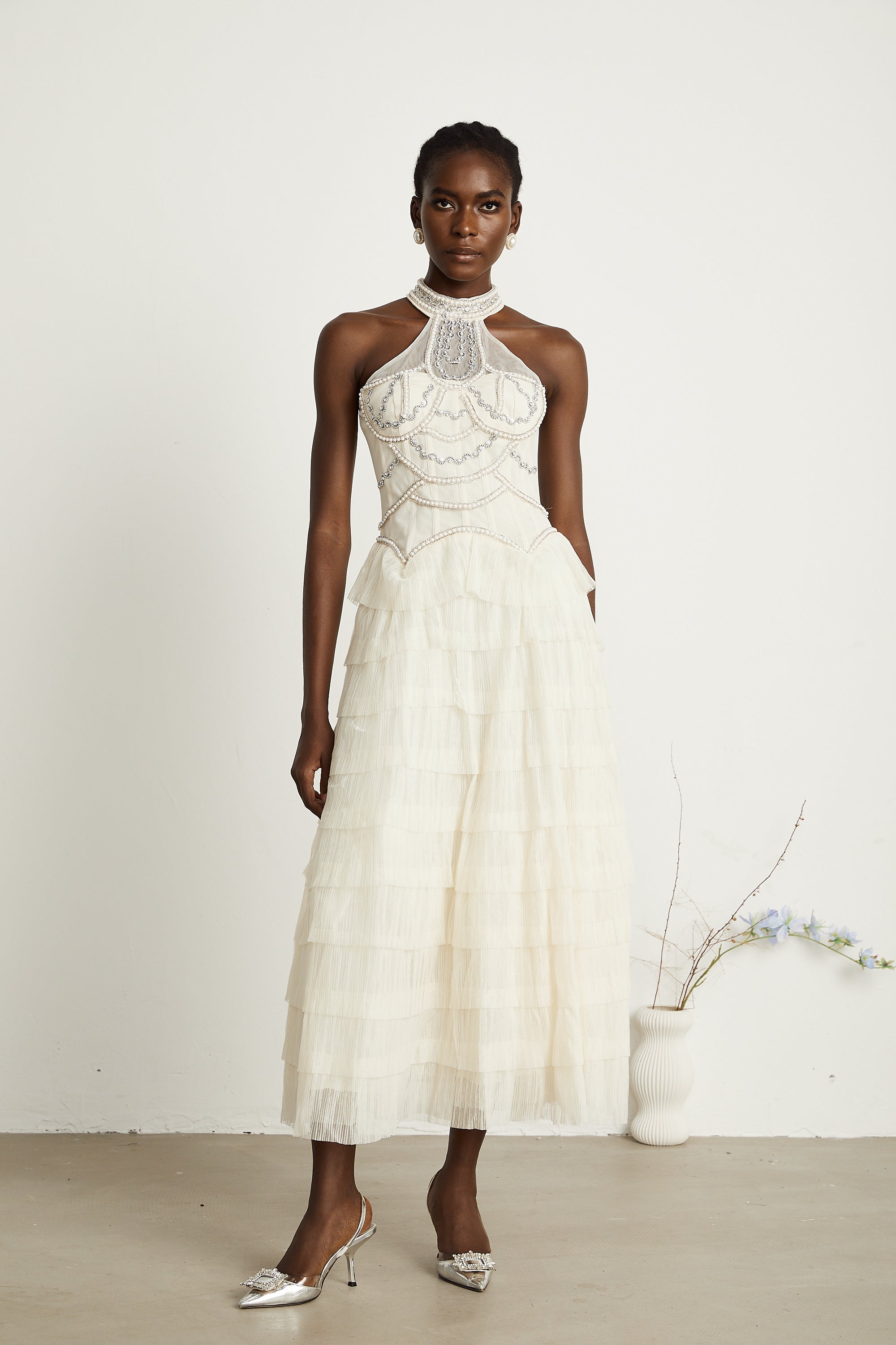 Paula beaded tiered tulle maxi dress