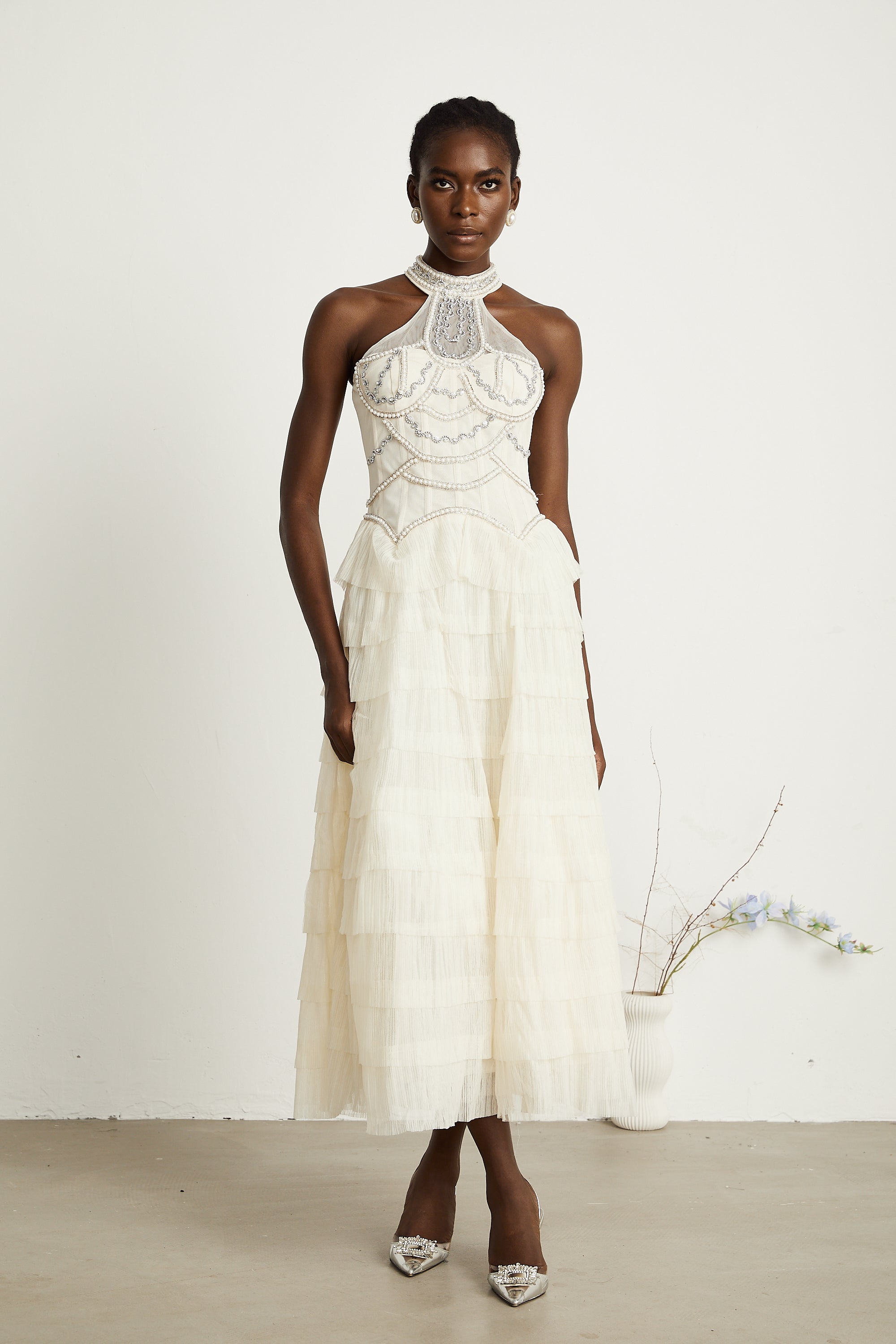 Paula beaded tiered tulle maxi dress