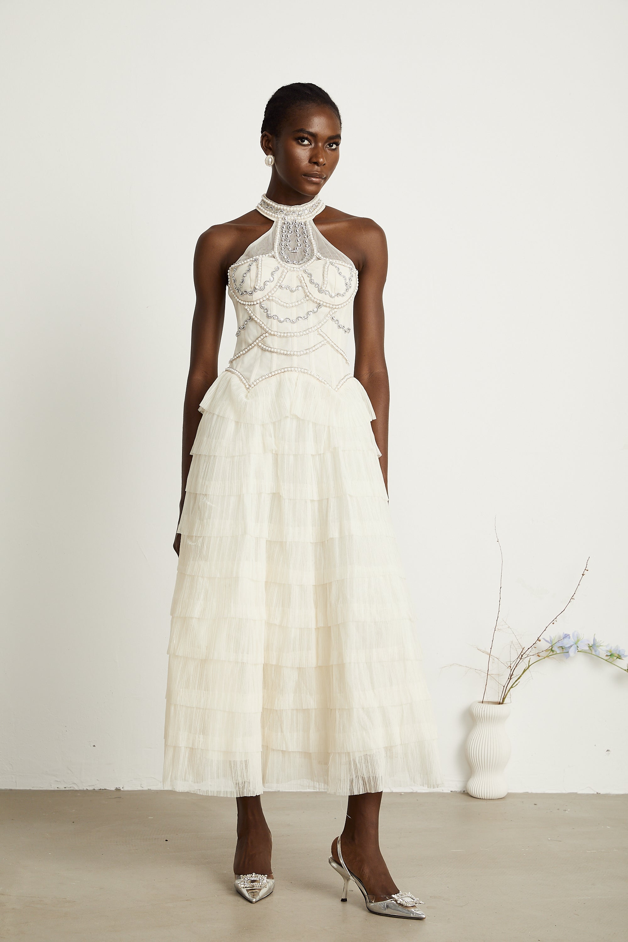 Paula beaded tiered tulle maxi dress