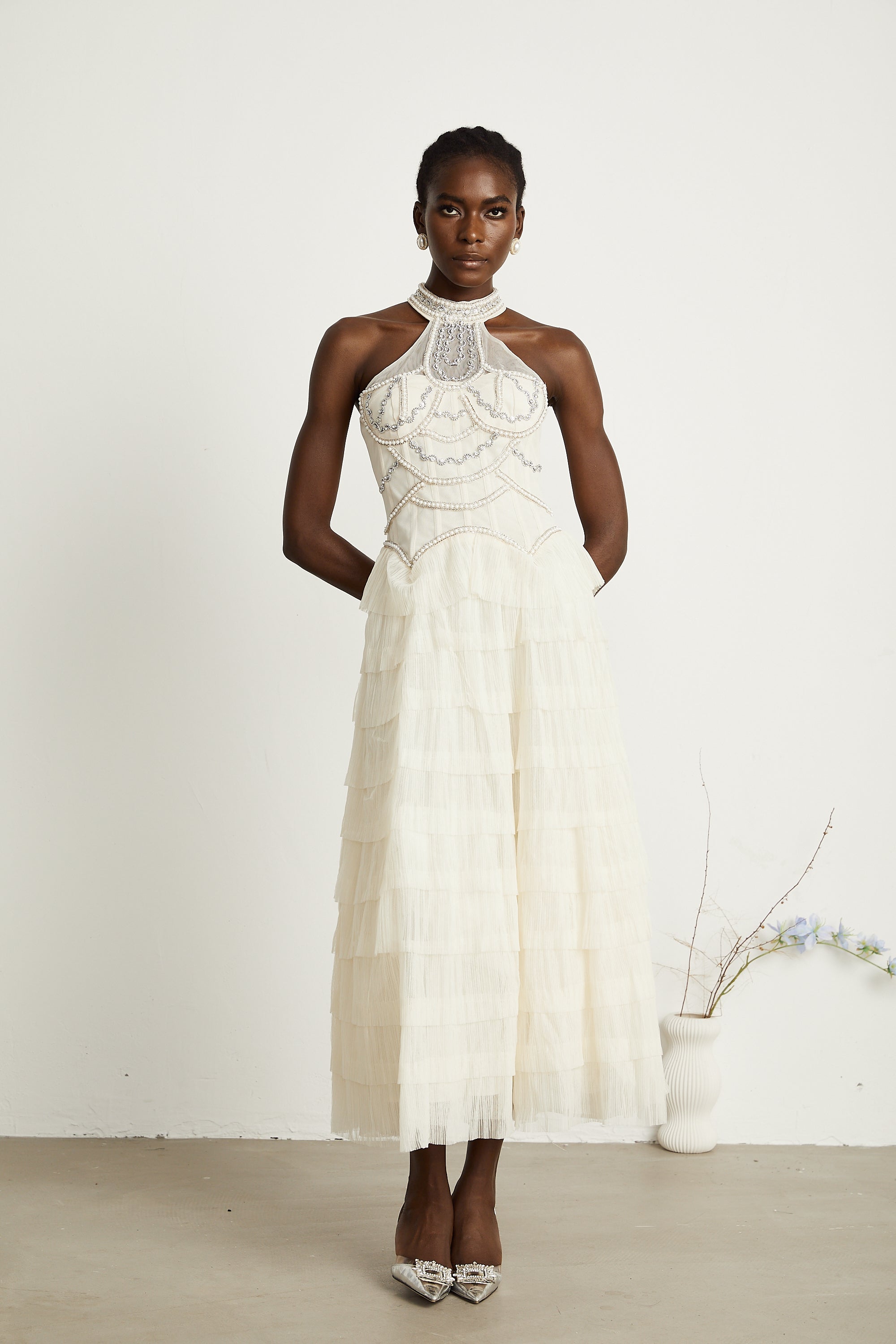 Paula beaded tiered tulle maxi dress