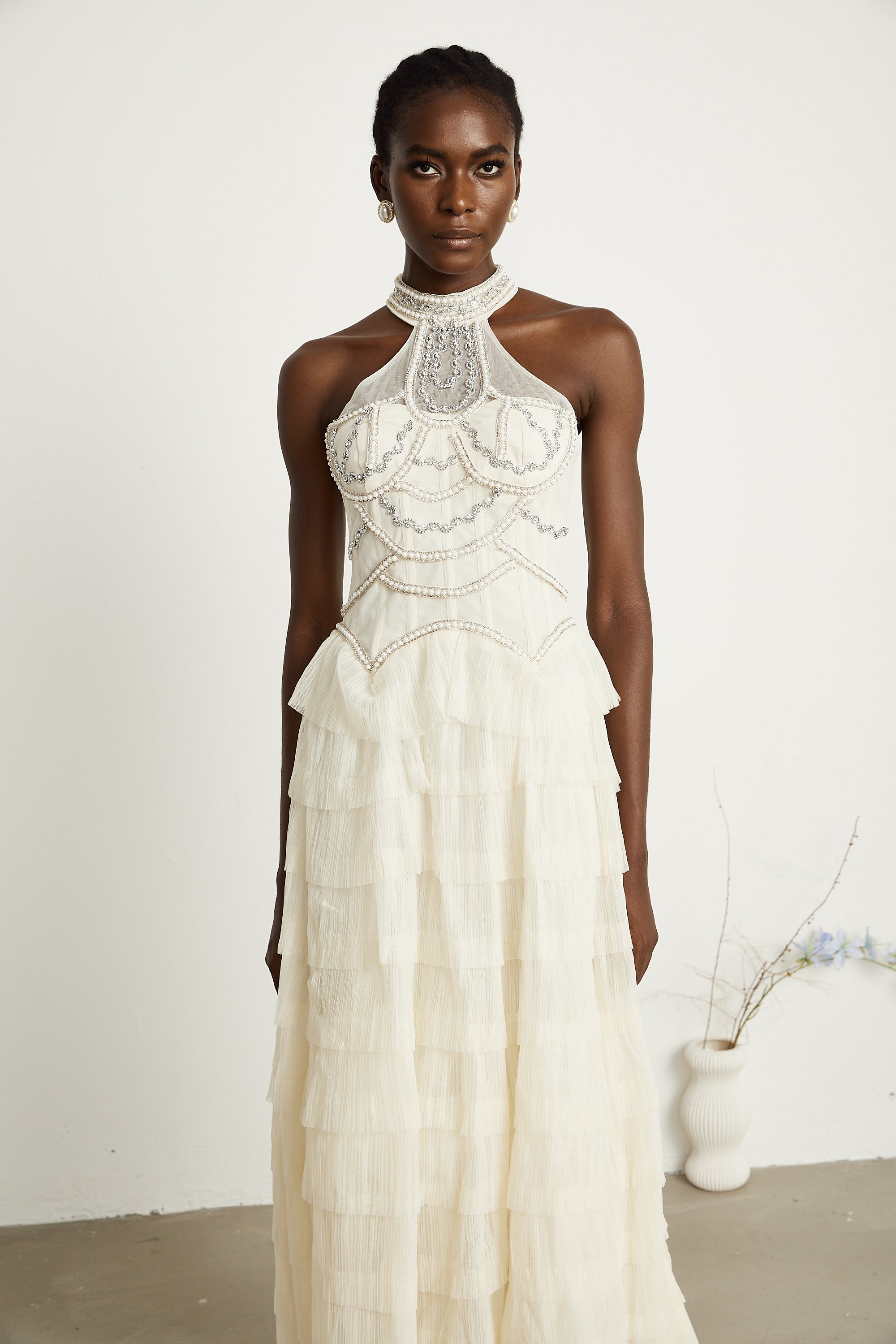 Paula beaded tiered tulle maxi dress