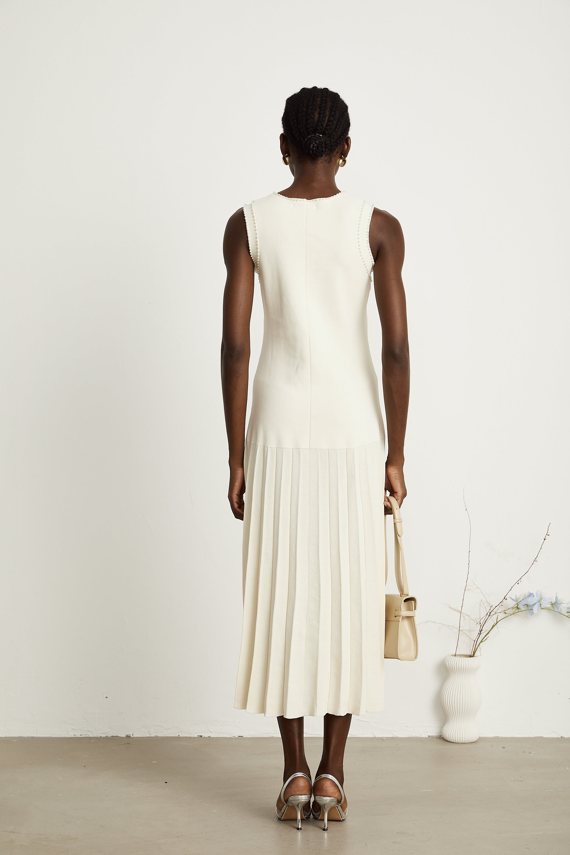 Léocadie white knitted faux-pearl midi dress