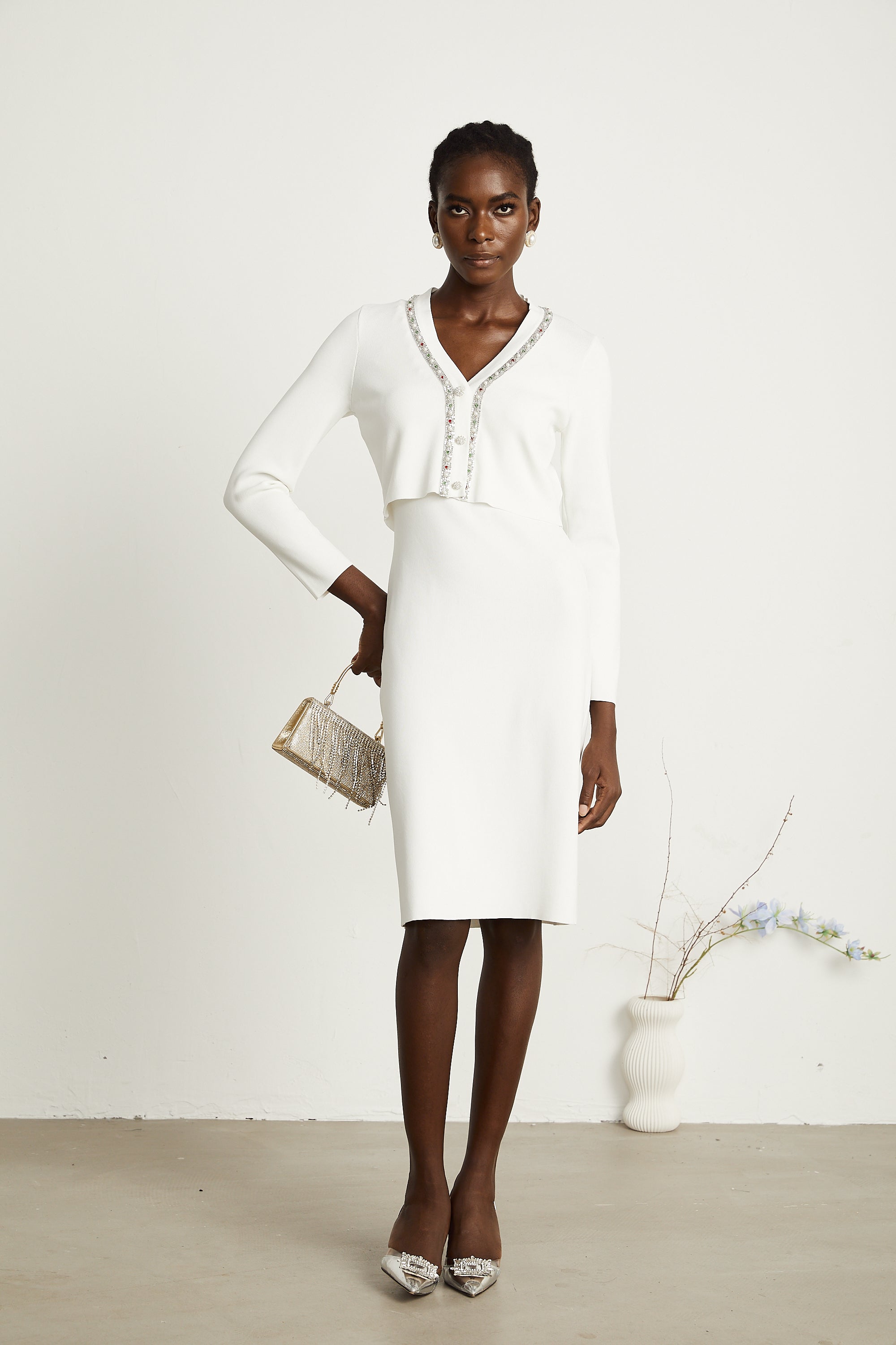 Blanche white bead-embellished cardigan & dress matching set