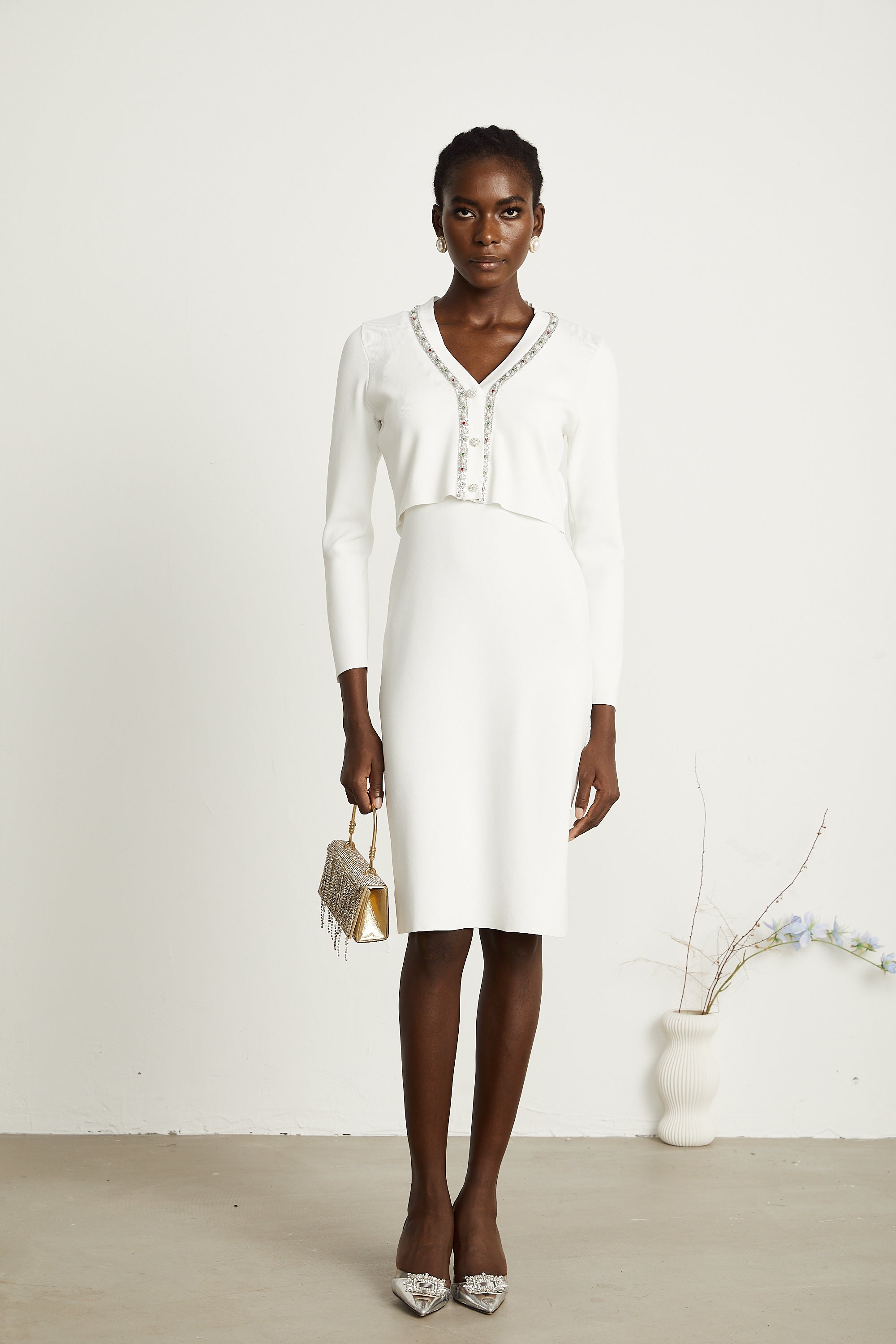 Blanche white bead-embellished cardigan & dress matching set