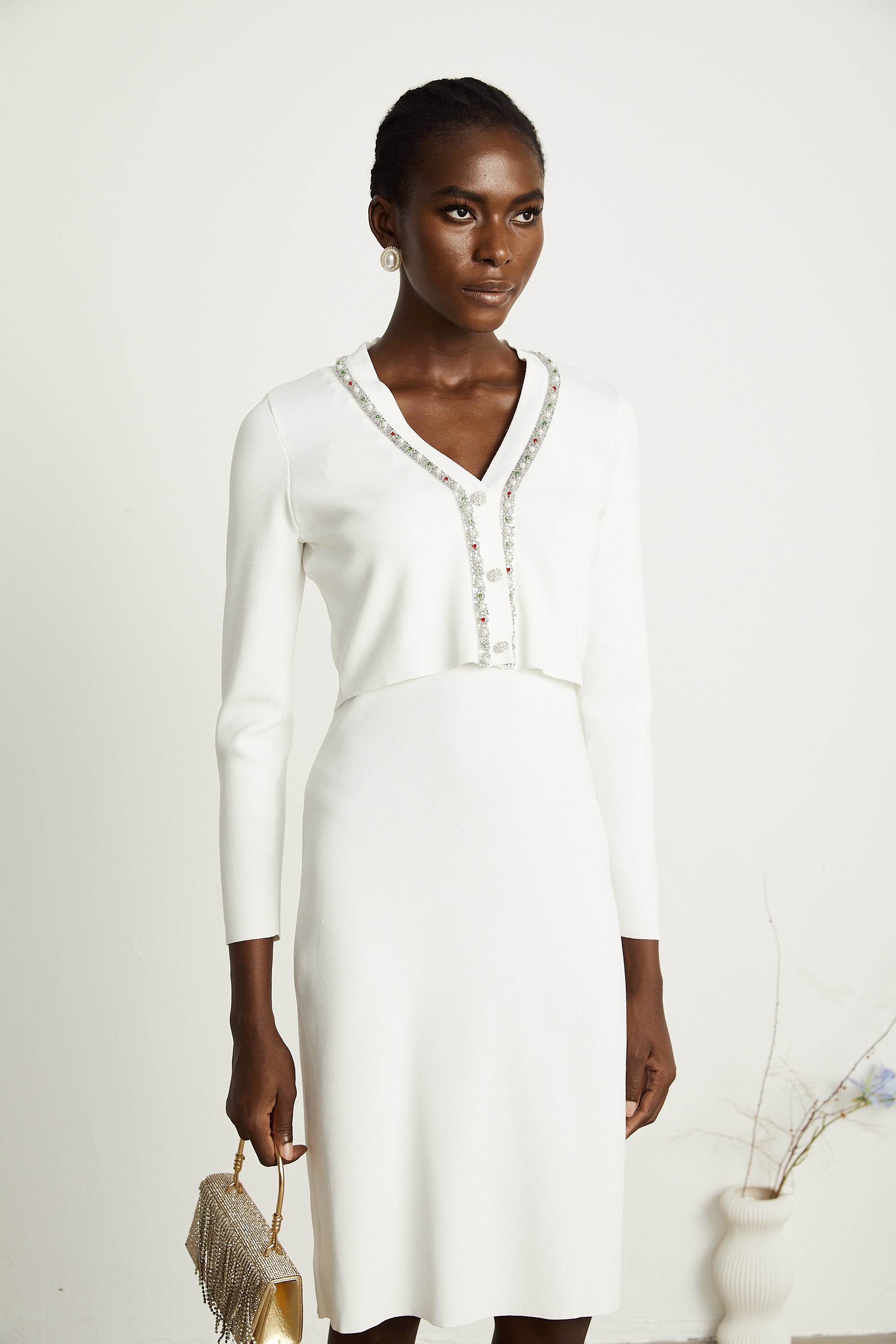 Blanche white bead-embellished cardigan & dress matching set