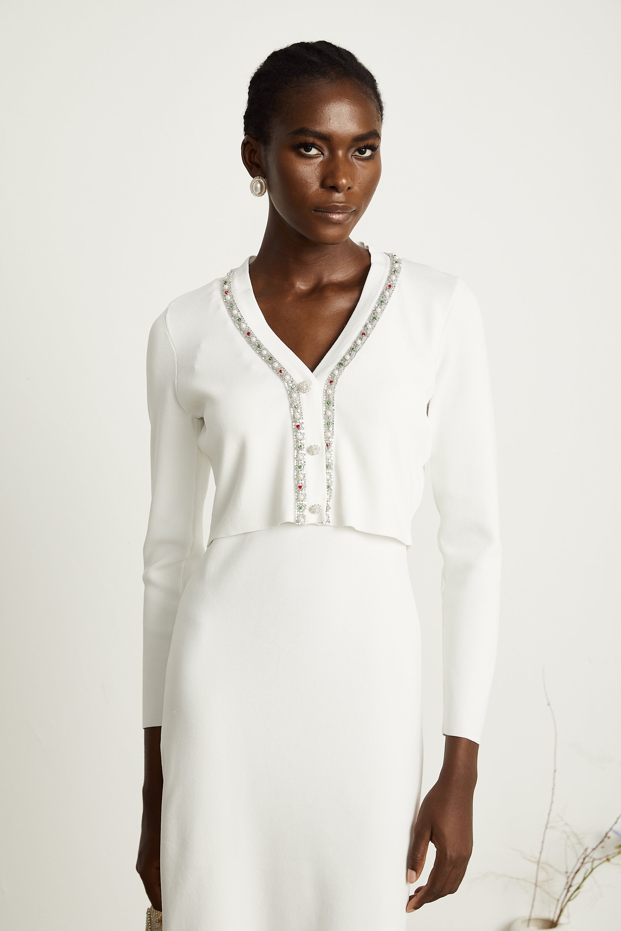 Blanche white bead-embellished cardigan & dress matching set