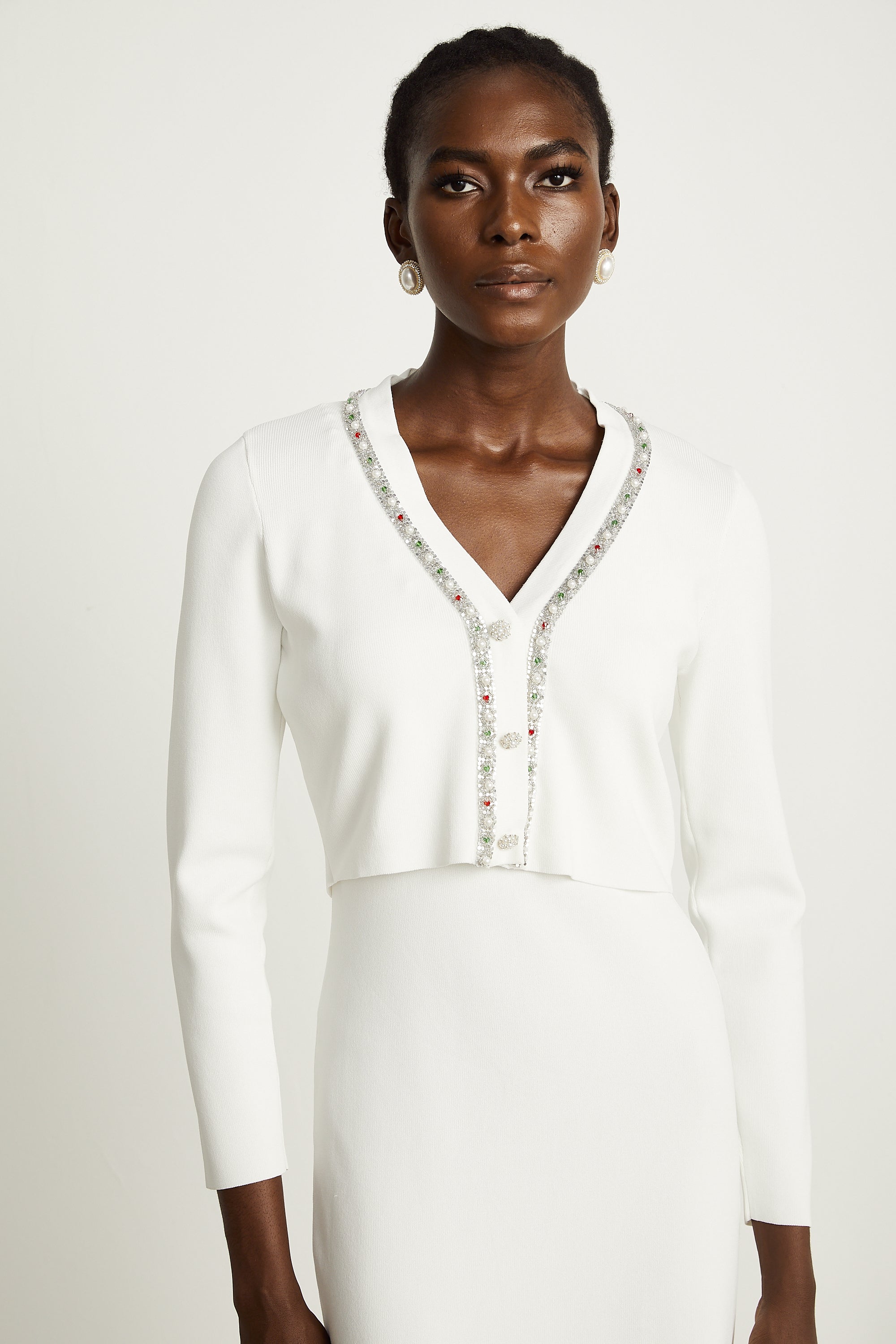 Blanche white bead-embellished cardigan & dress matching set