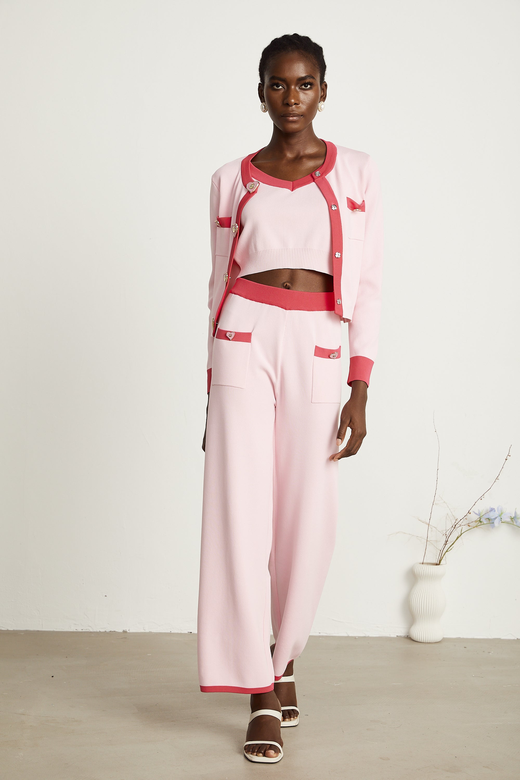 Ariane pink knitted cardigan & vest top & trousers matching set