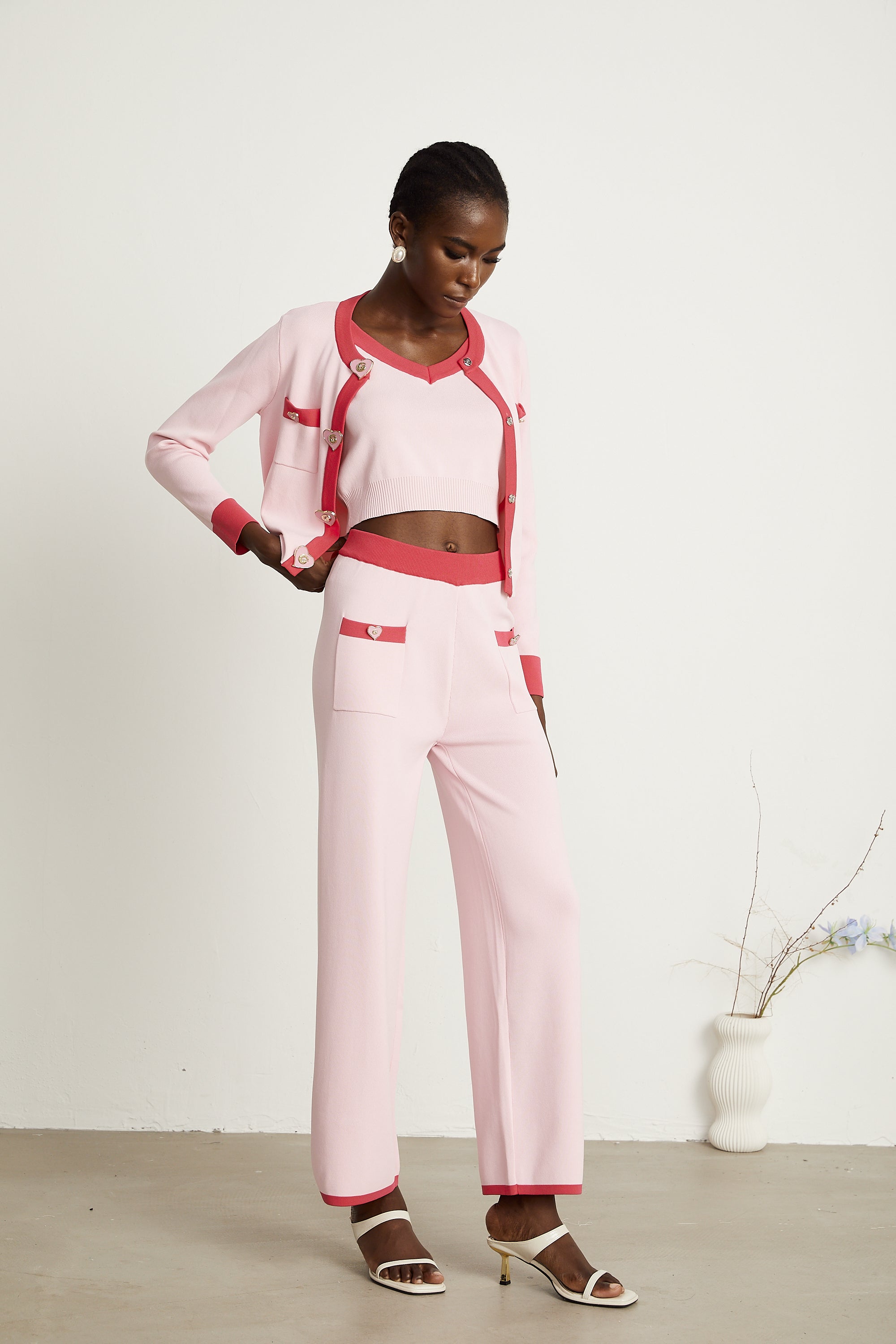 Ariane pink knitted cardigan & vest top & trousers matching set