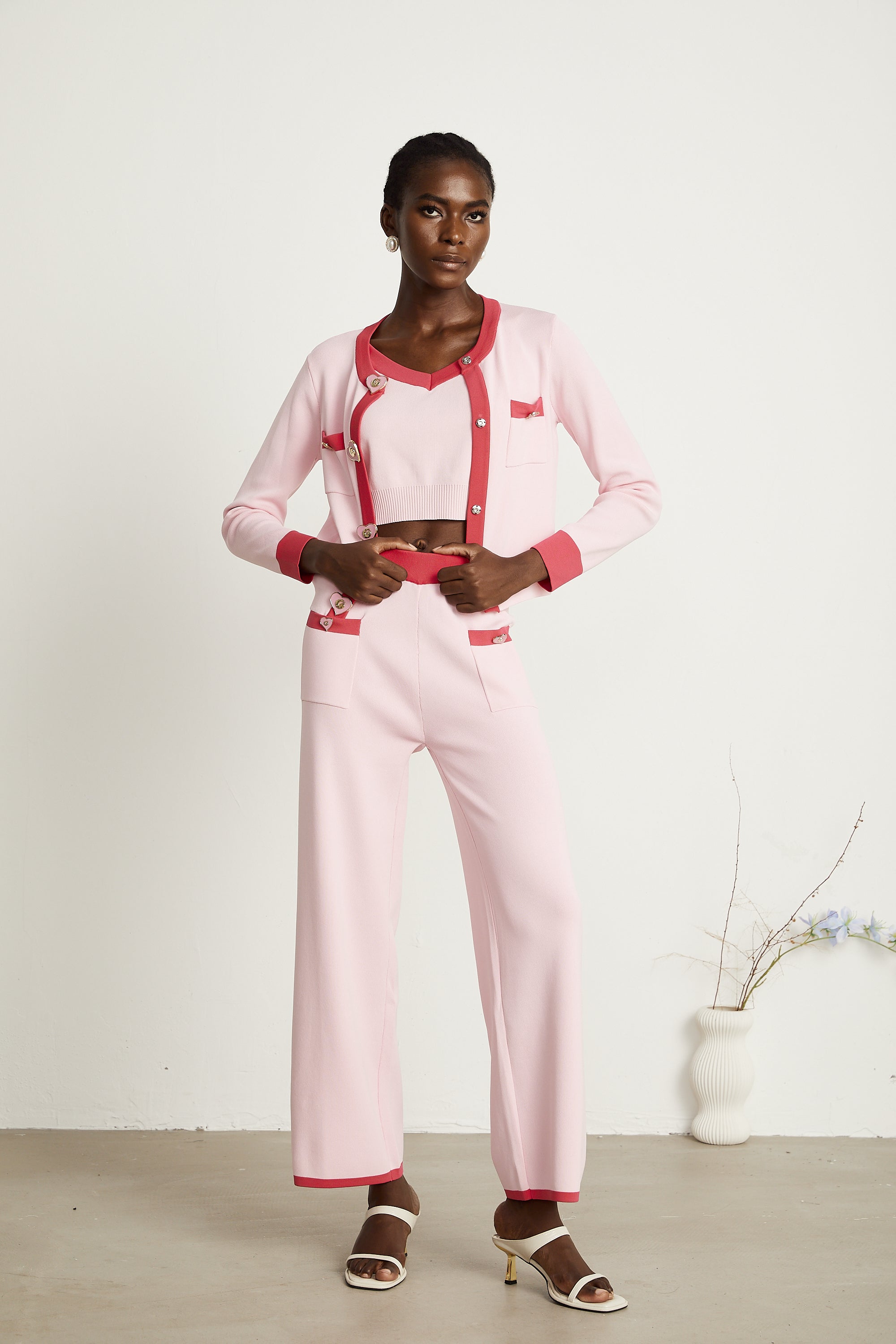 Ariane pink knitted cardigan & vest top & trousers matching set