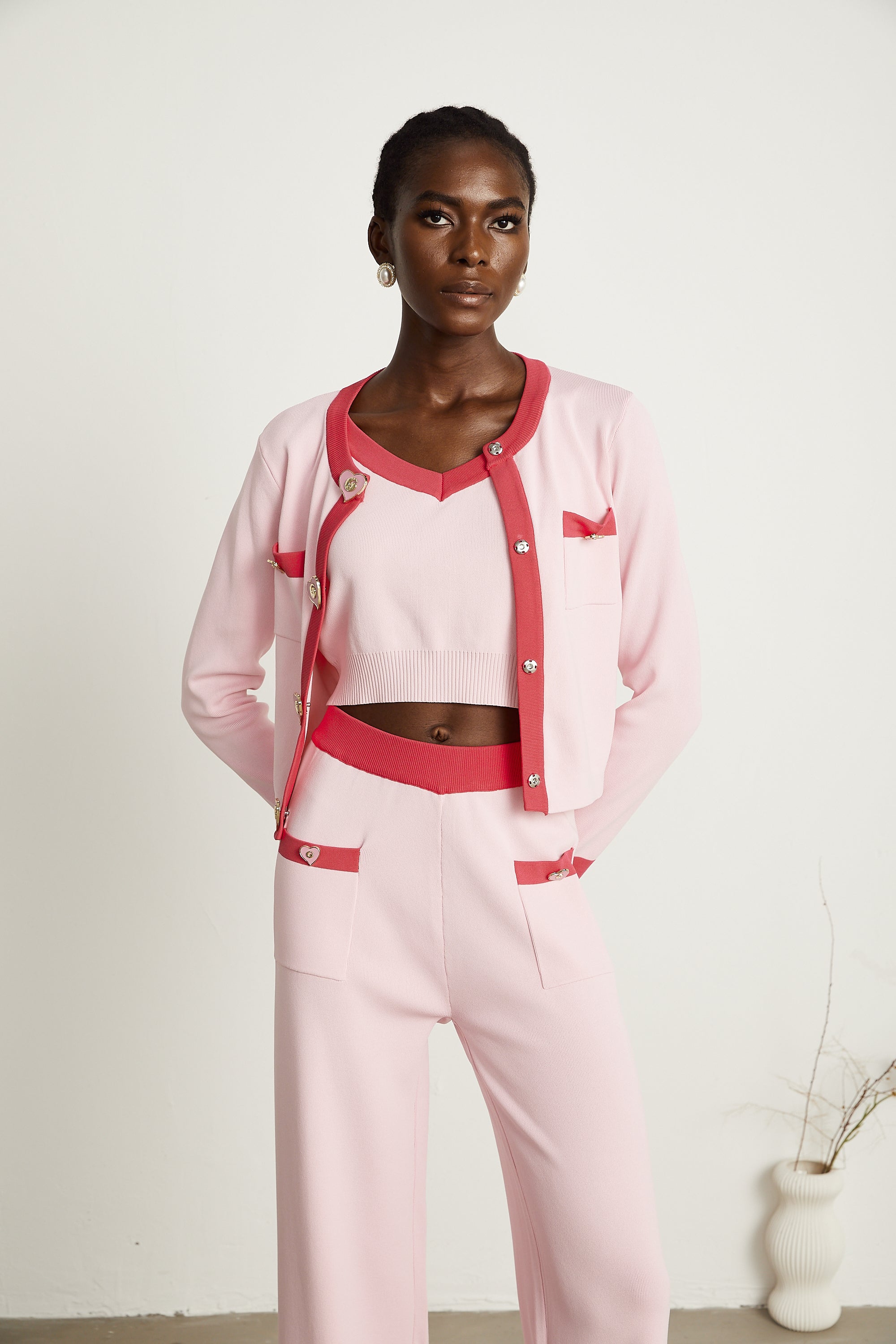 Ariane pink knitted cardigan & vest top & trousers matching set