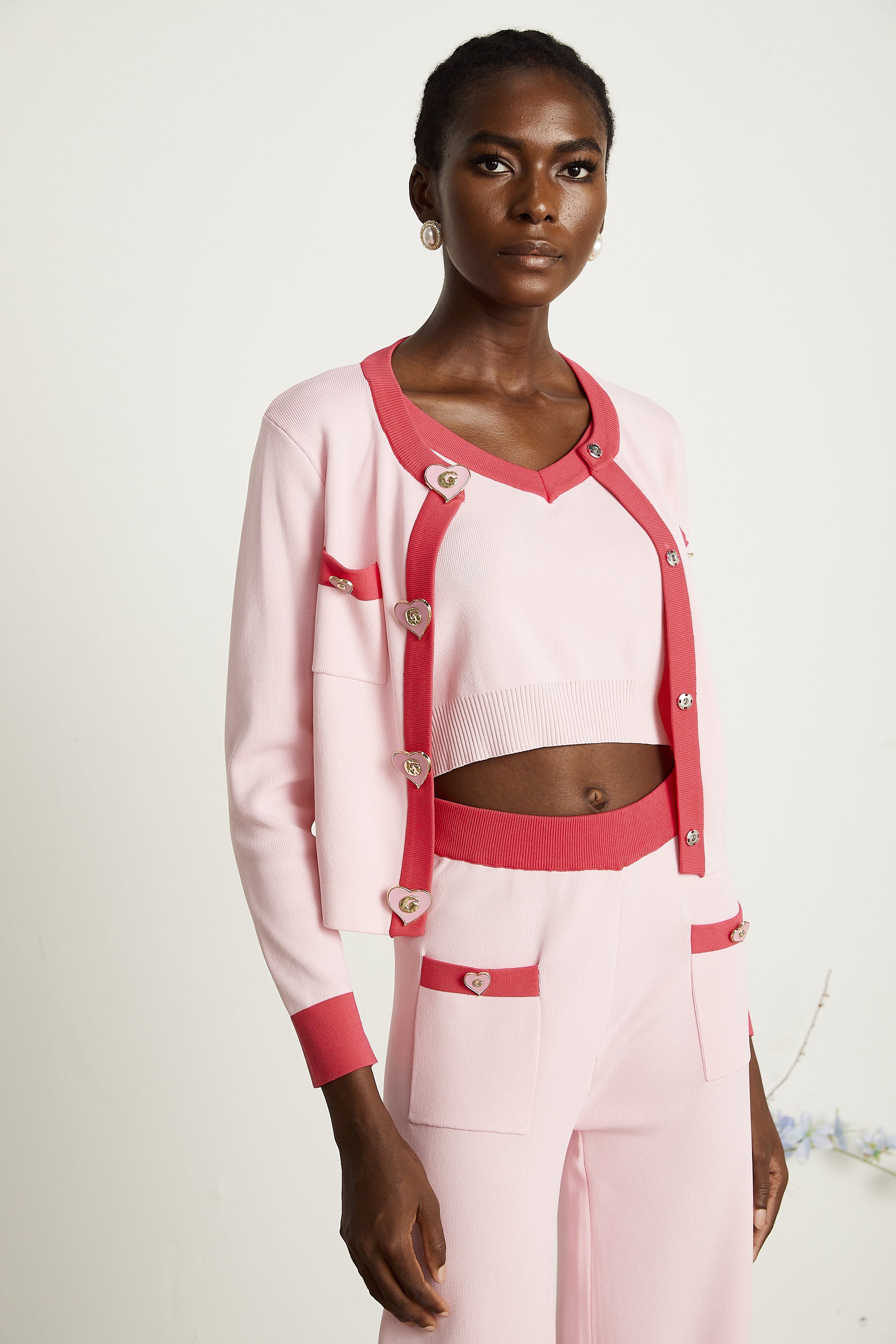 Ariane pink knitted cardigan & vest top & trousers matching set