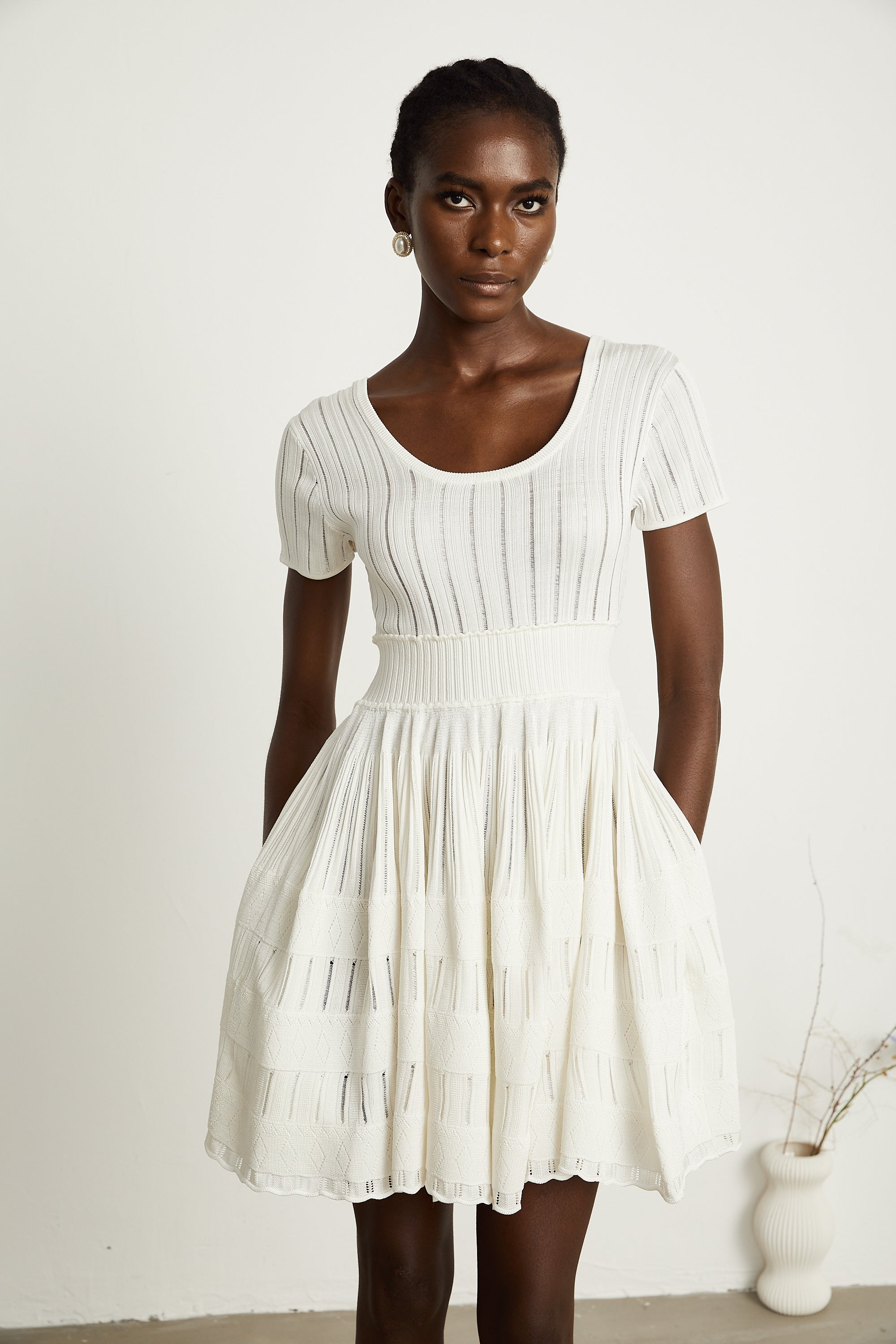 Calixte white knitted pleated mini dress