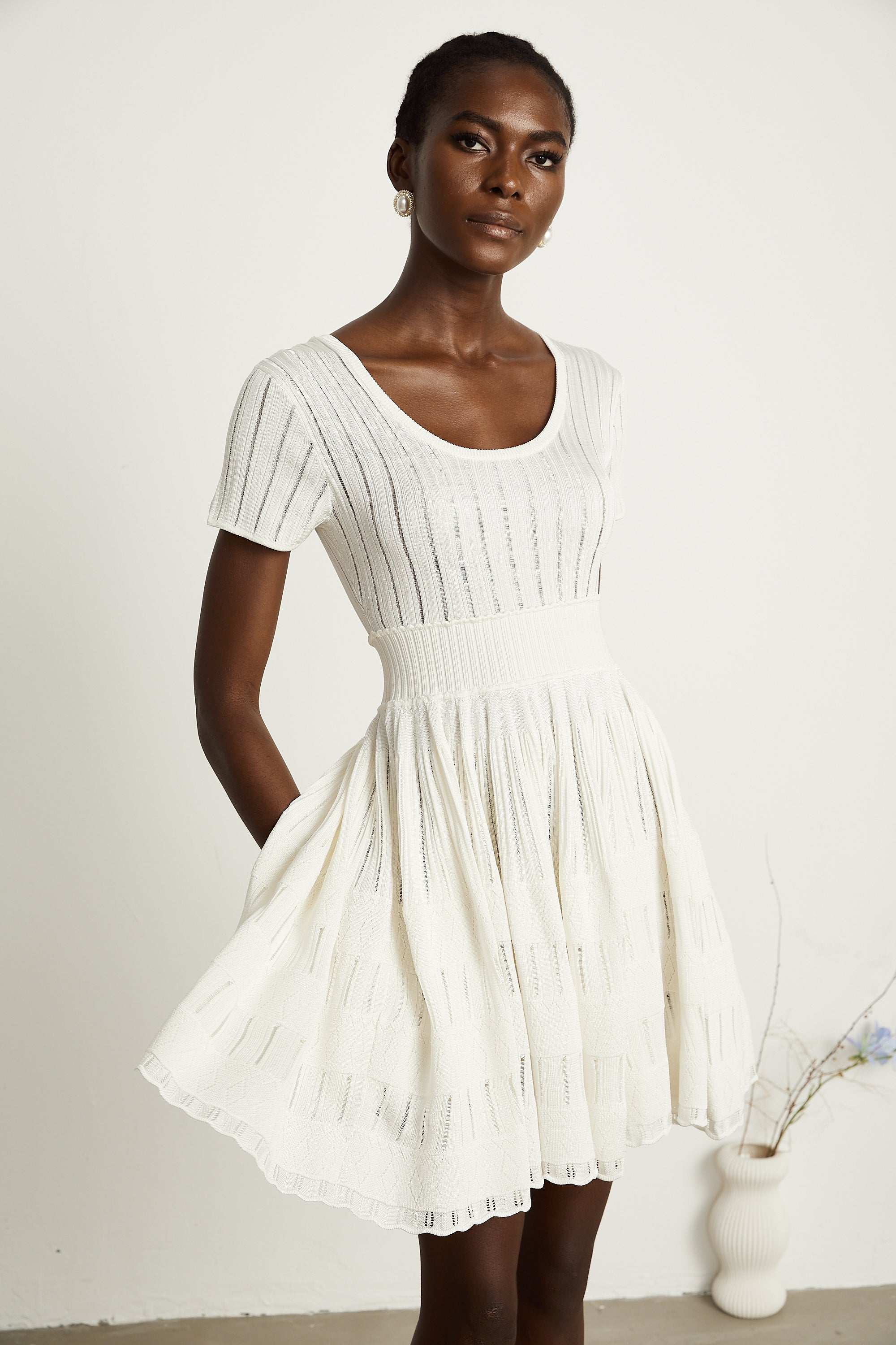 Calixte white knitted pleated mini dress