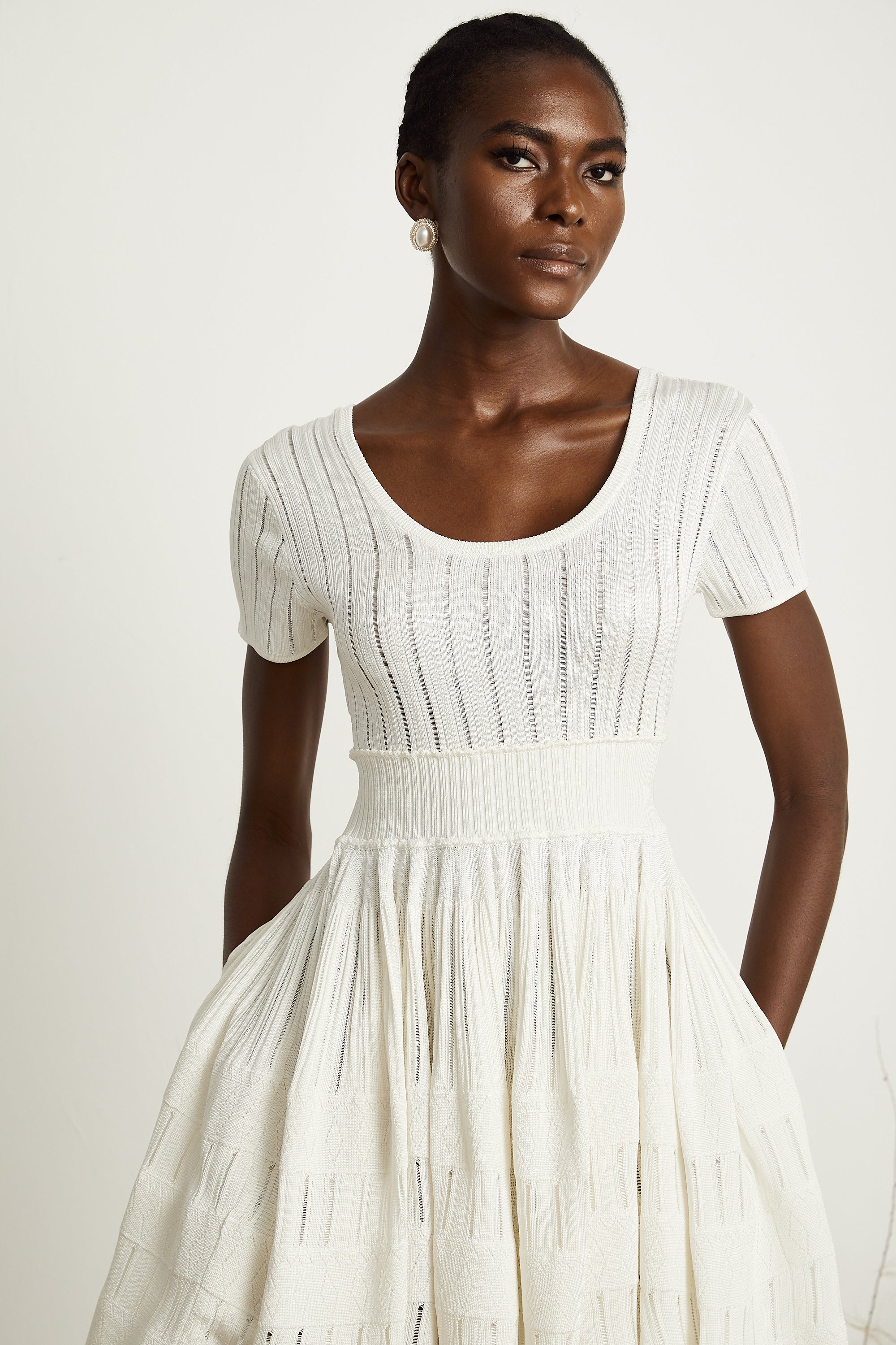 Calixte white knitted pleated mini dress