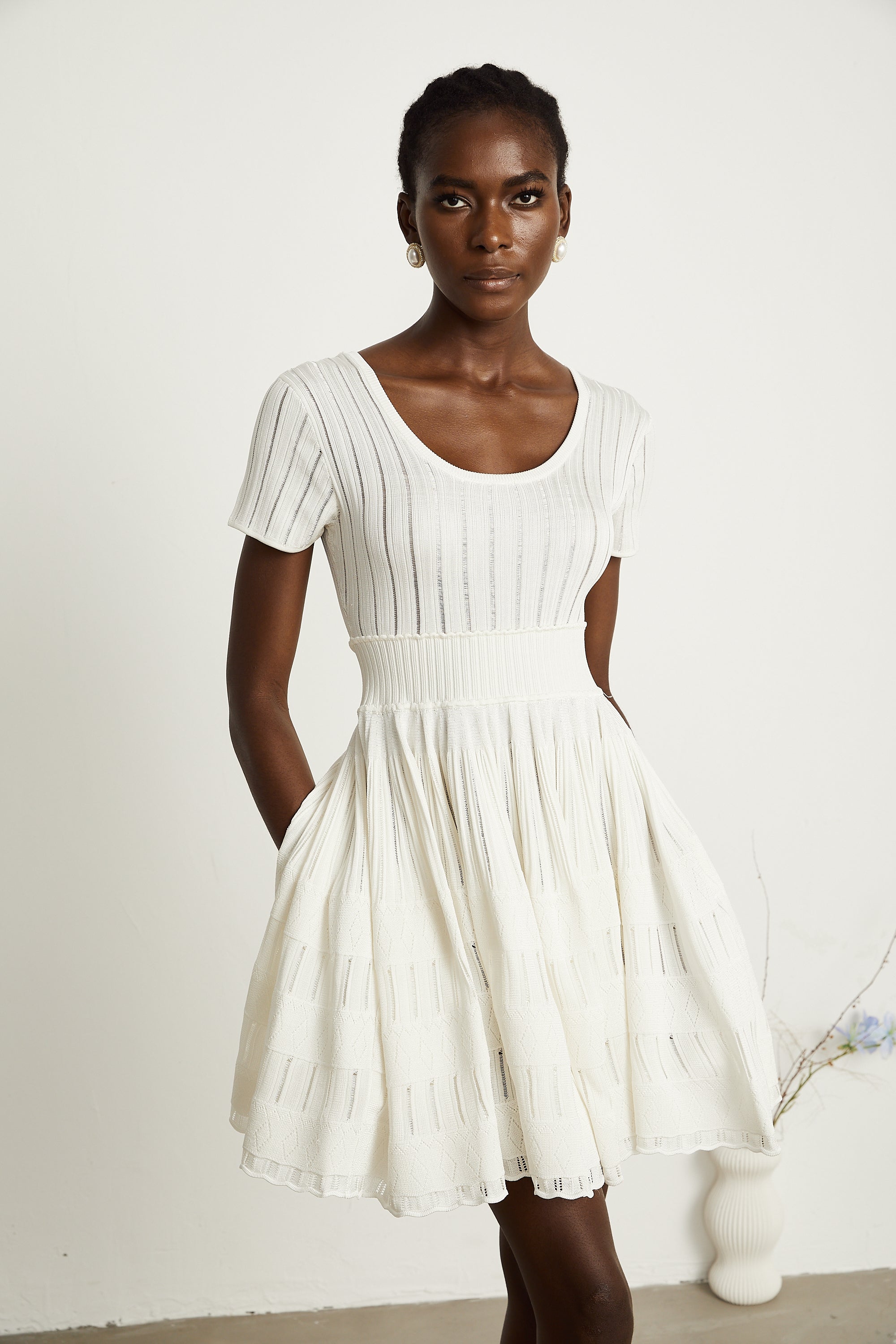 Calixte white knitted pleated mini dress