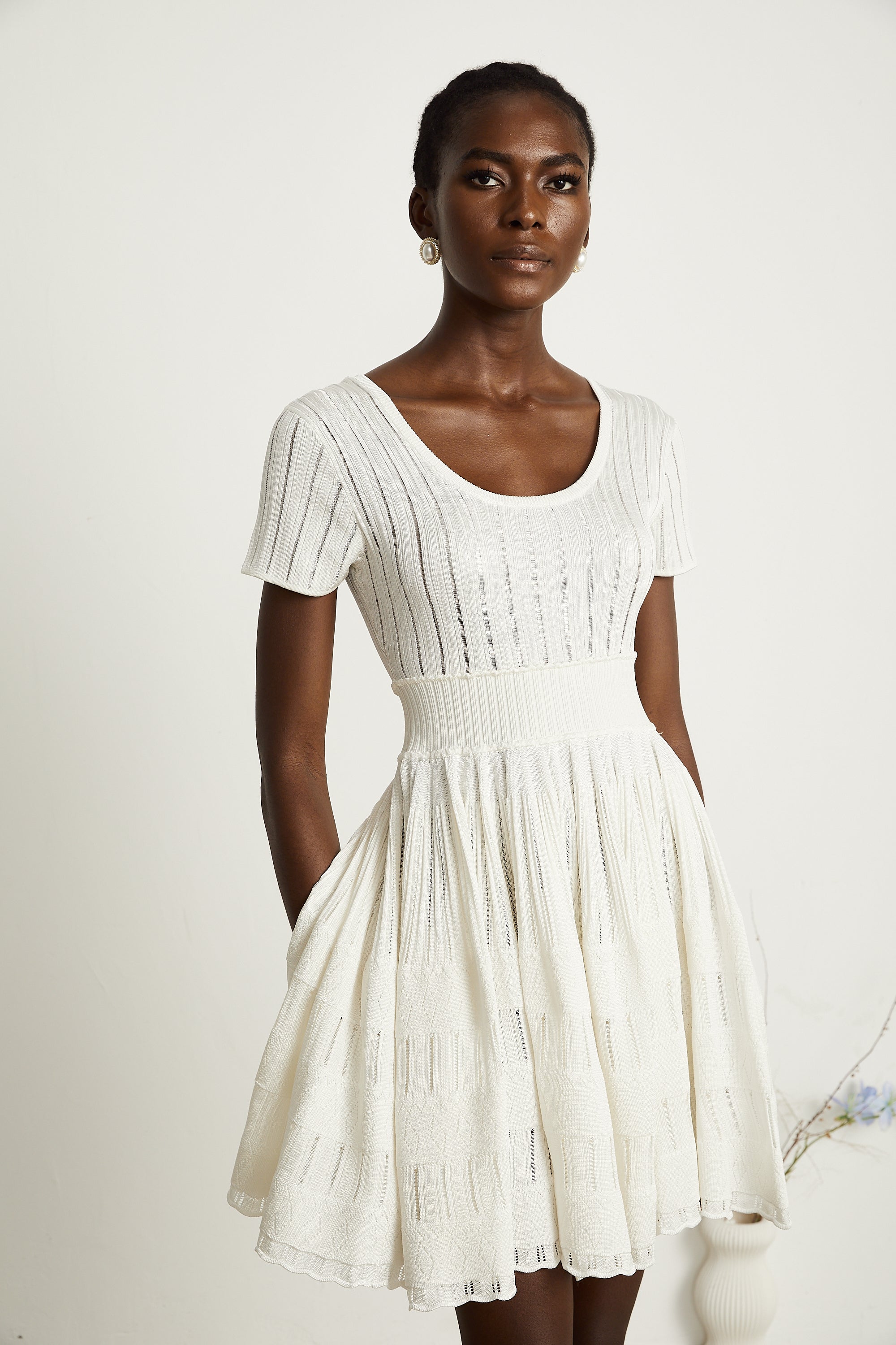 Calixte white knitted pleated mini dress