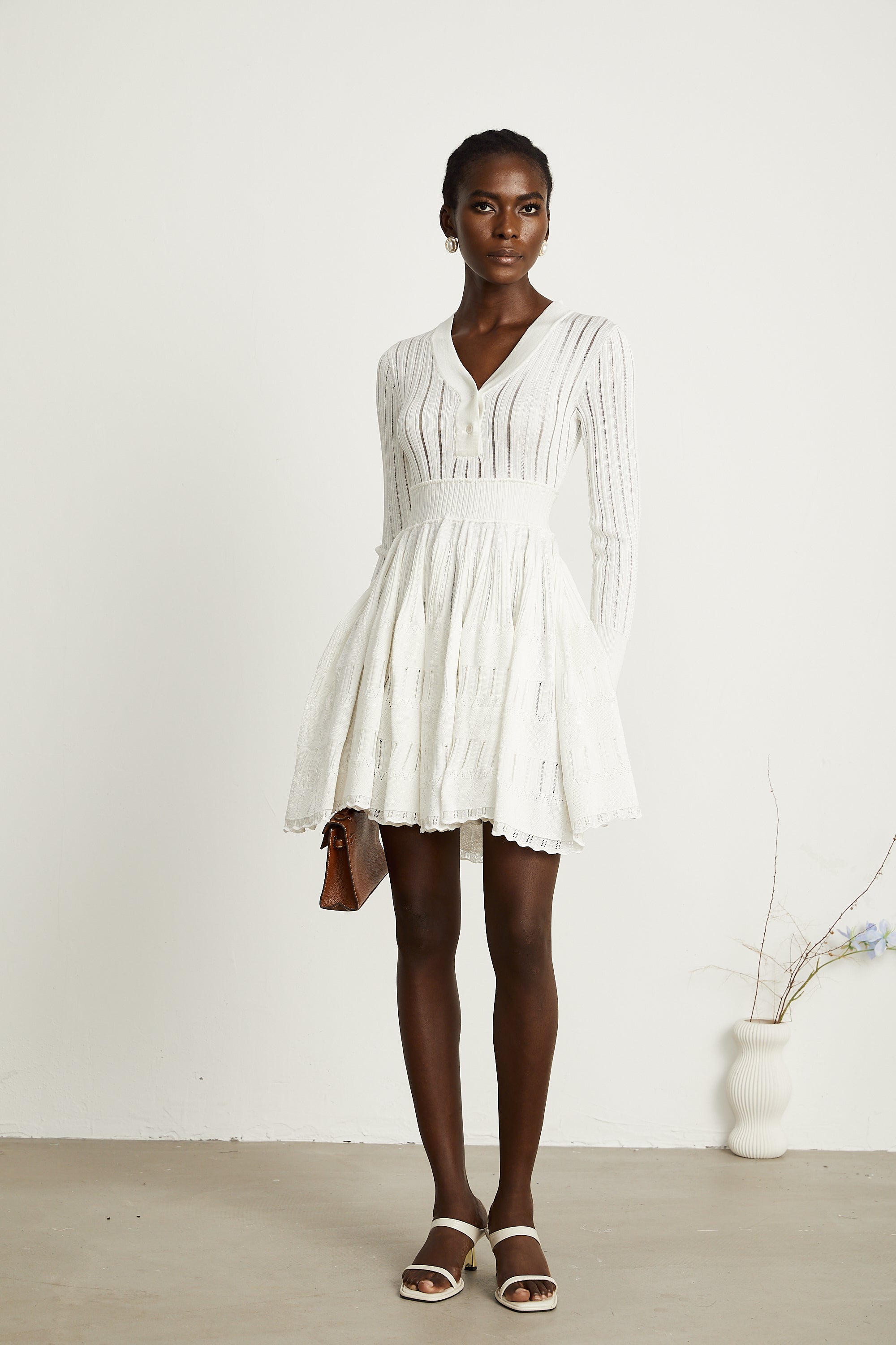 Géraldine white pointelle-knit midi dress