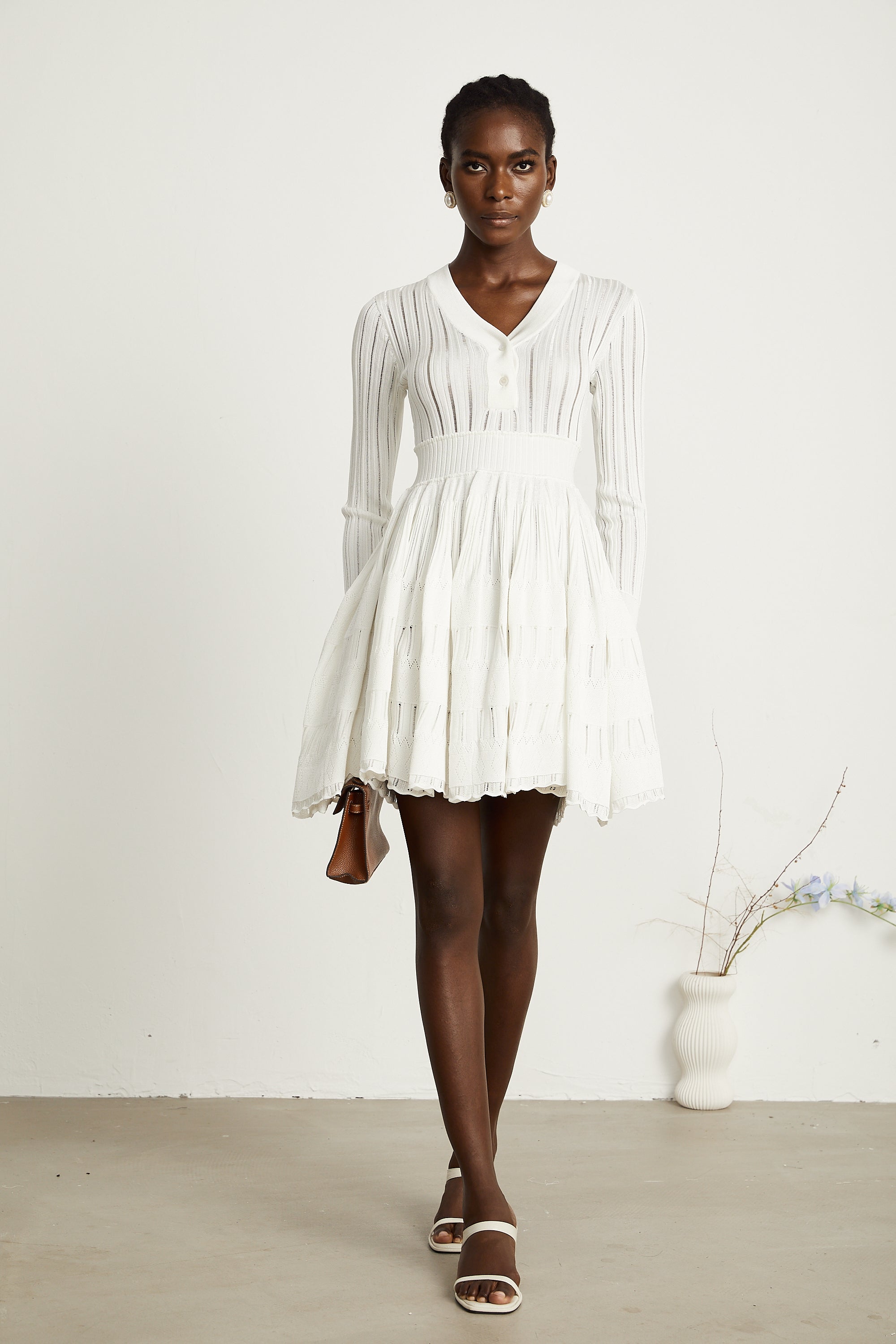 Géraldine white pointelle-knit midi dress