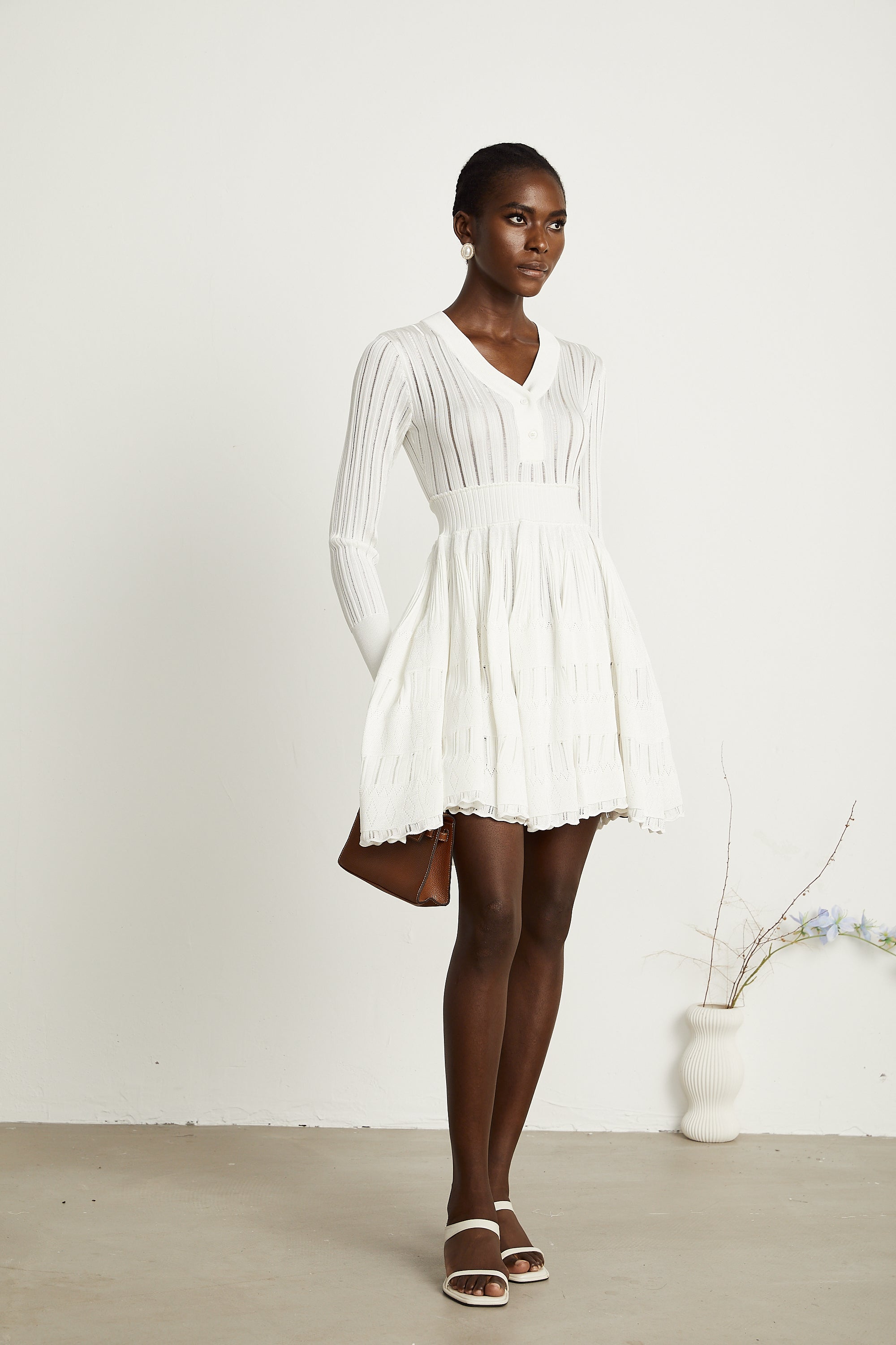 Géraldine white pointelle-knit midi dress