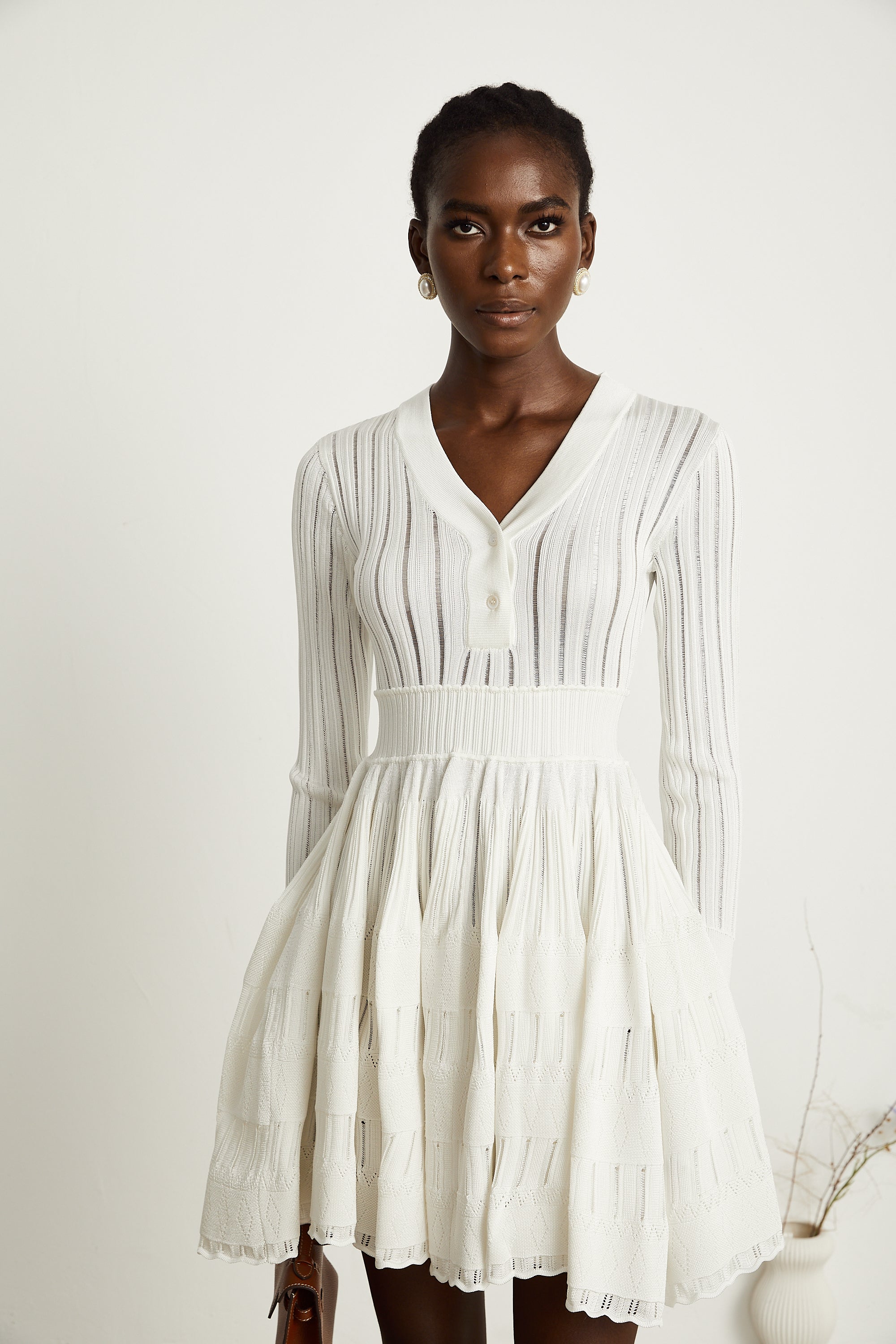 Géraldine white pointelle-knit midi dress