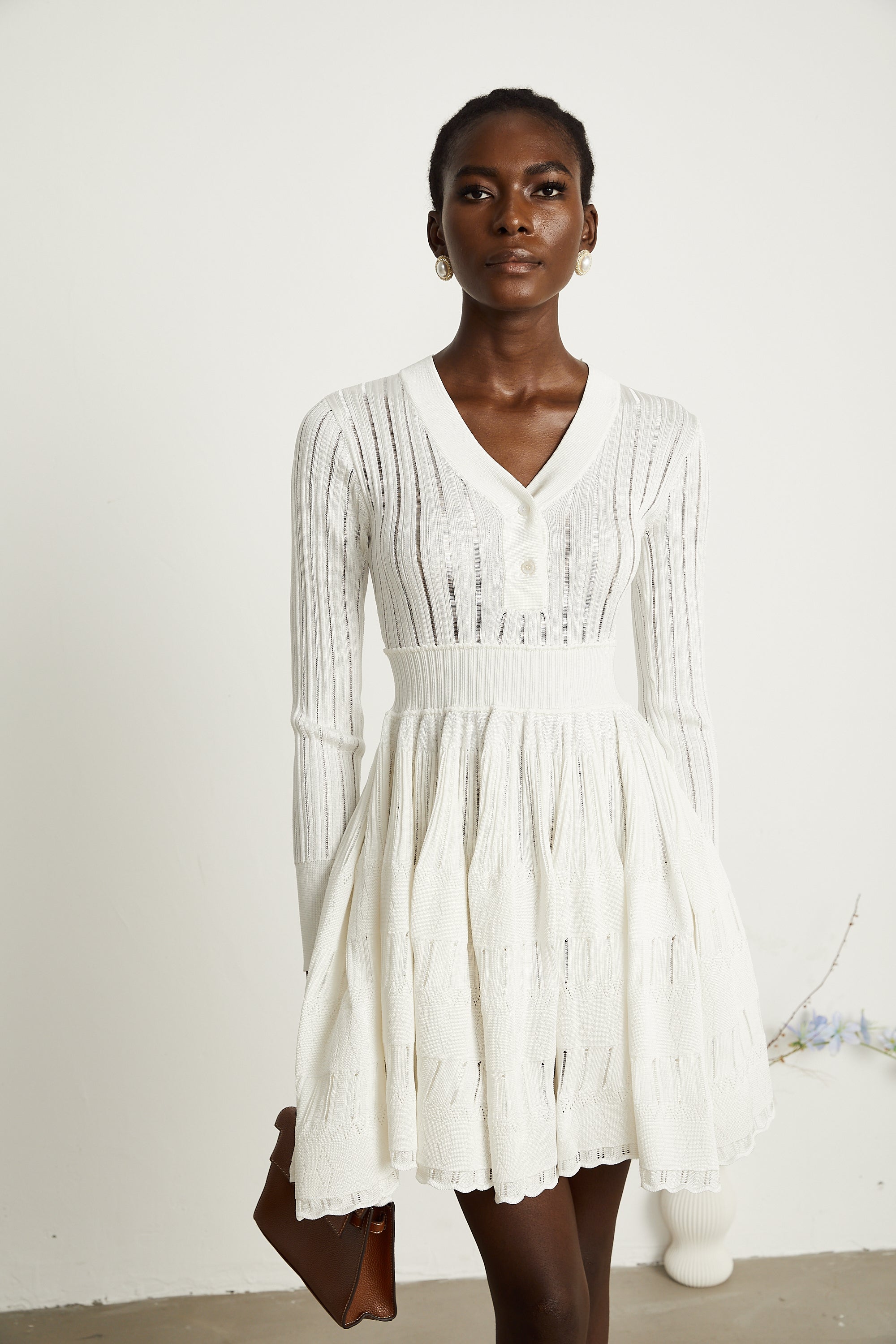 Géraldine white pointelle-knit midi dress