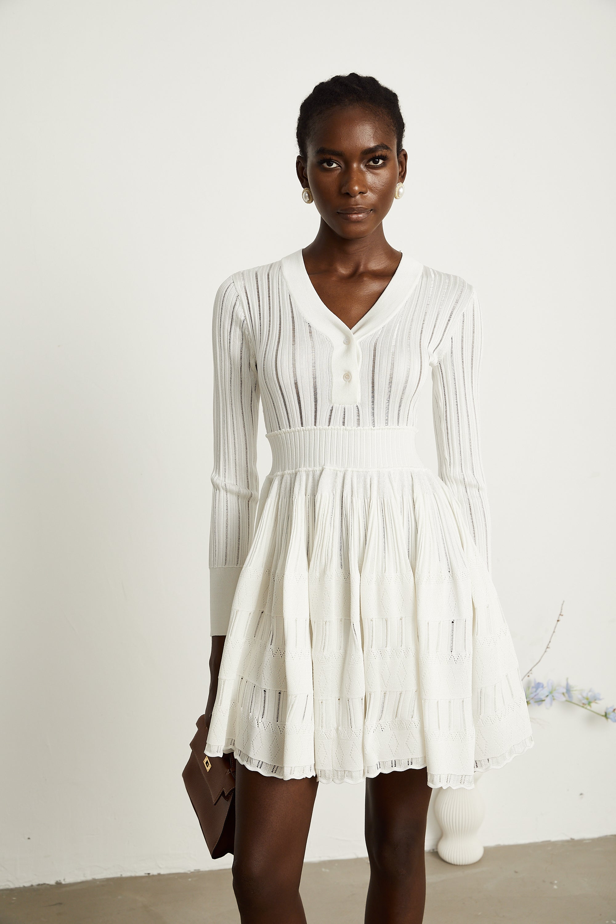 Géraldine white pointelle-knit midi dress