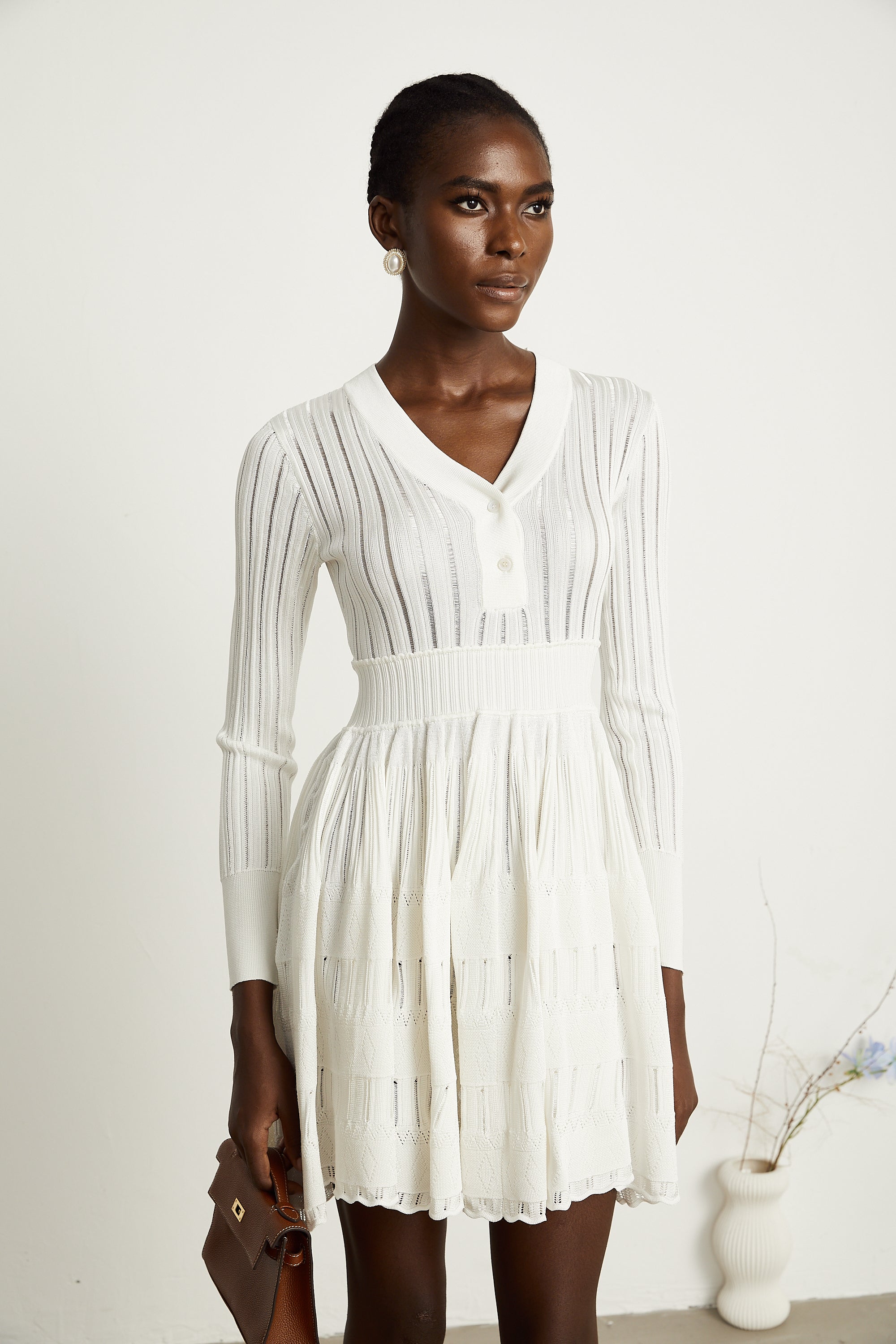 Géraldine white pointelle-knit midi dress